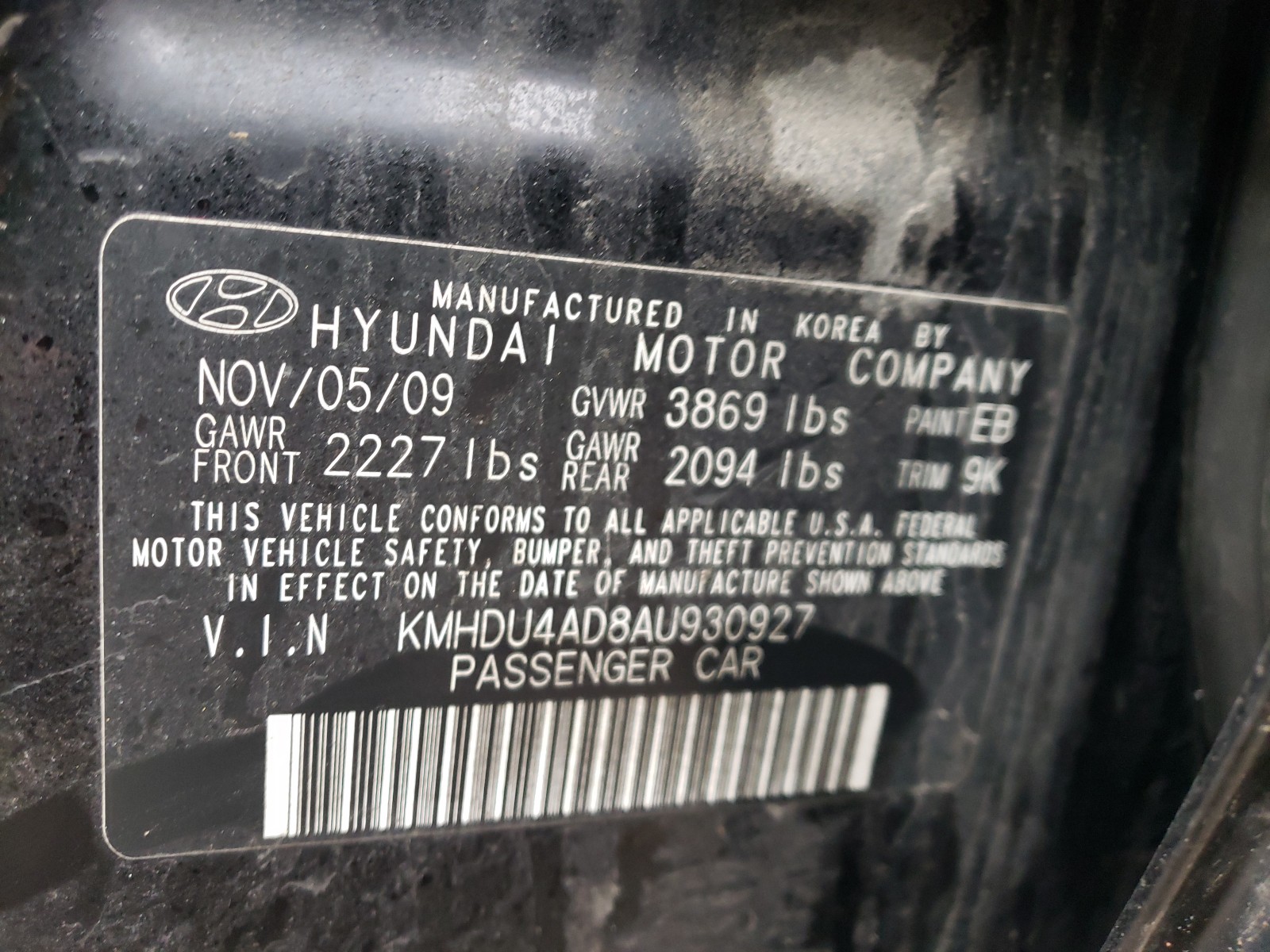 Photo 9 VIN: KMHDU4AD8AU930927 - HYUNDAI ELANTRA BL 