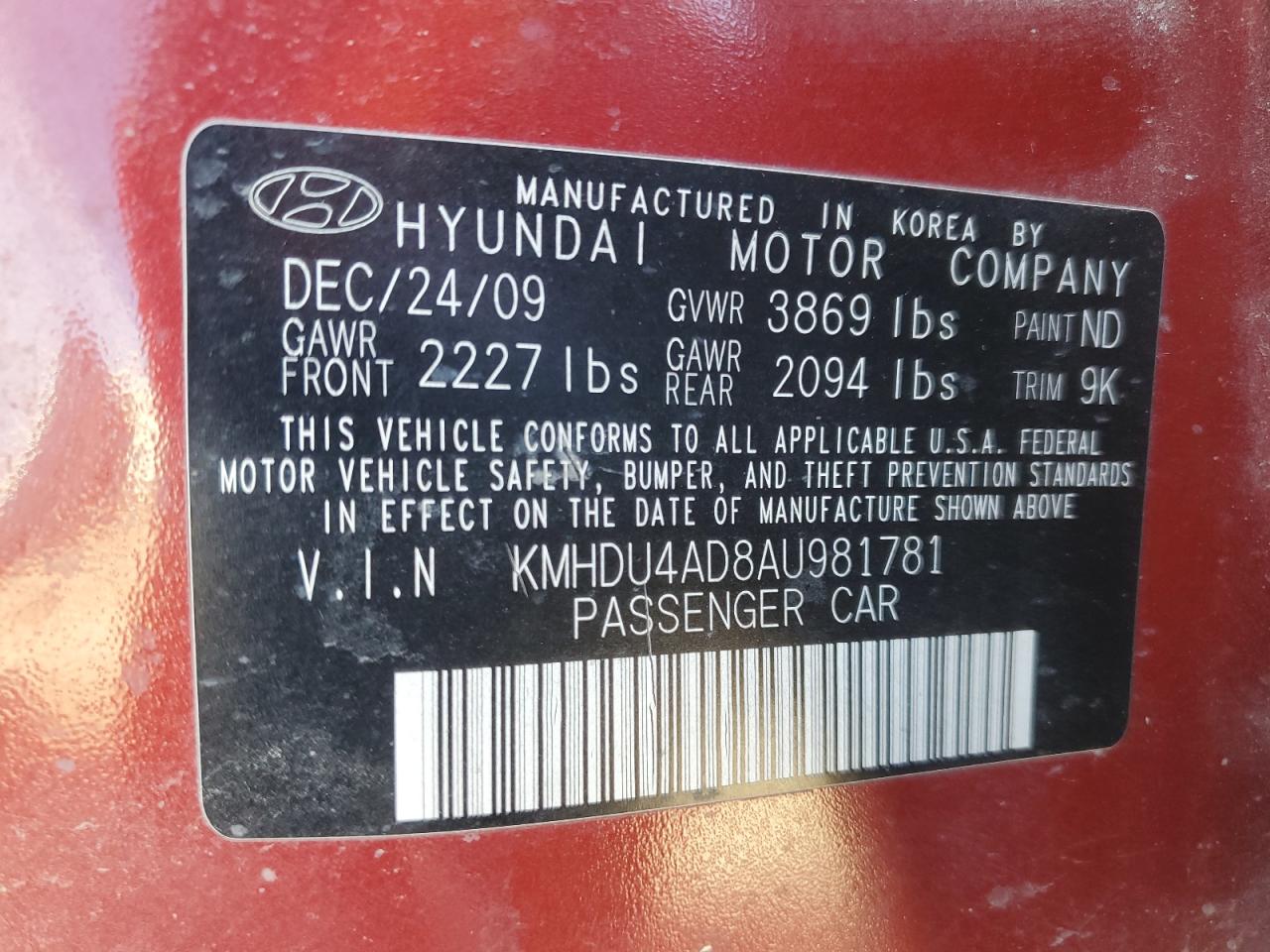 Photo 12 VIN: KMHDU4AD8AU981781 - HYUNDAI ELANTRA 