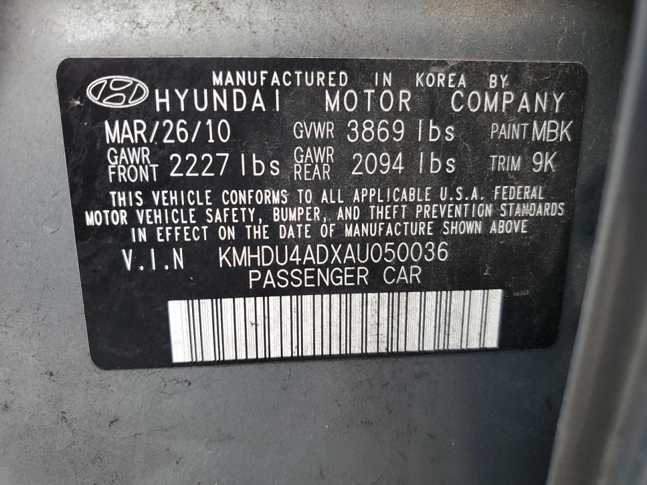 Photo 11 VIN: KMHDU4ADXAU050036 - HYUNDAI ELANTRA 