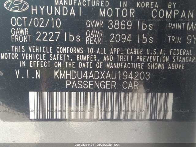 Photo 8 VIN: KMHDU4ADXAU194203 - HYUNDAI ELANTRA 