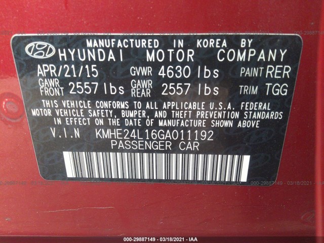 Photo 8 VIN: KMHE24L16GA011192 - HYUNDAI SONATA HYBRID 