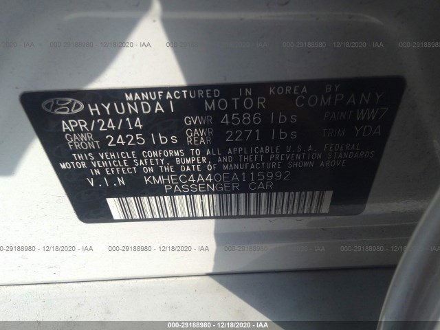 Photo 8 VIN: KMHEC4A40EA115992 - HYUNDAI SONATA HYBRID 