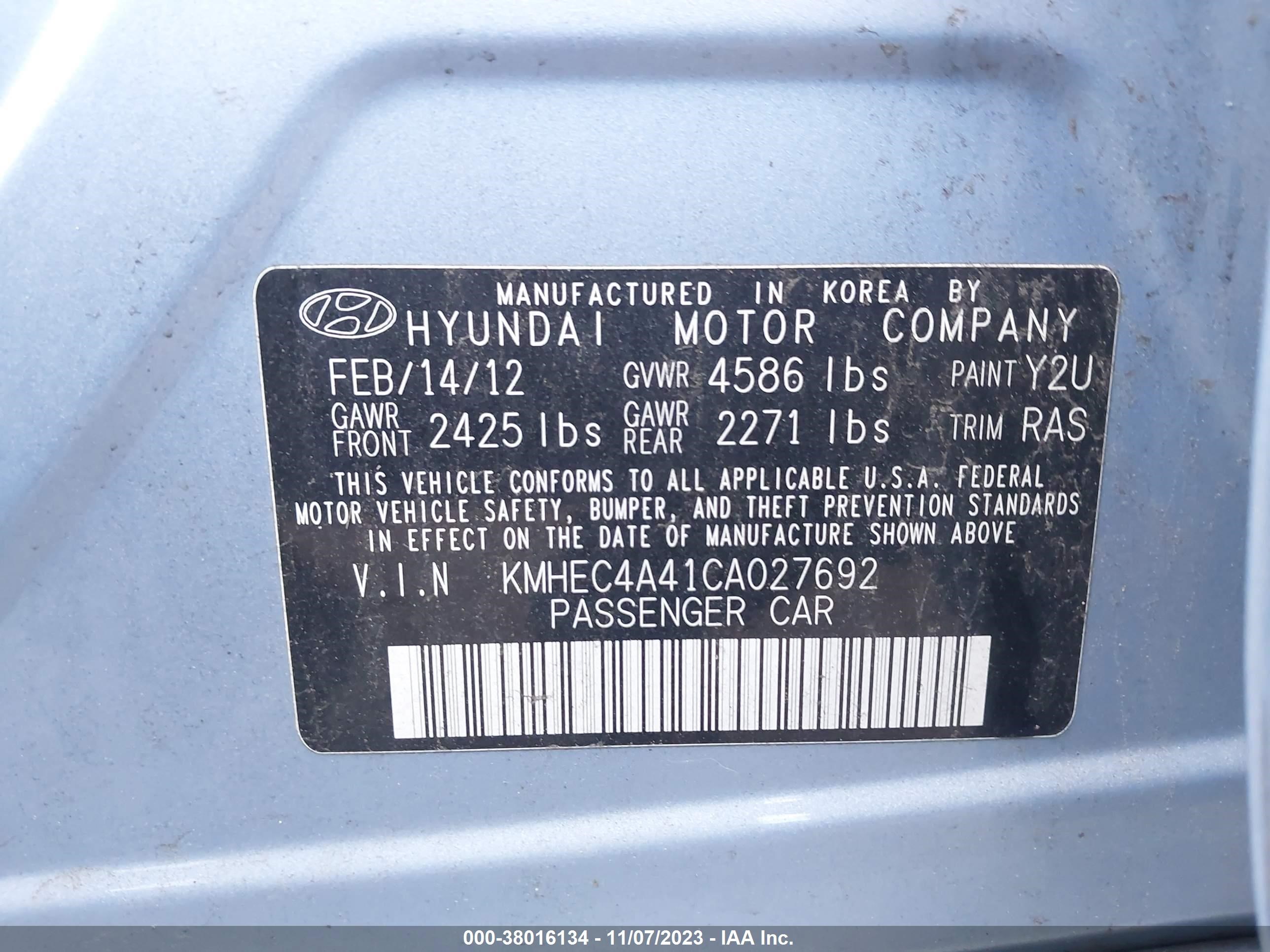 Photo 8 VIN: KMHEC4A41CA027692 - HYUNDAI SONATA 