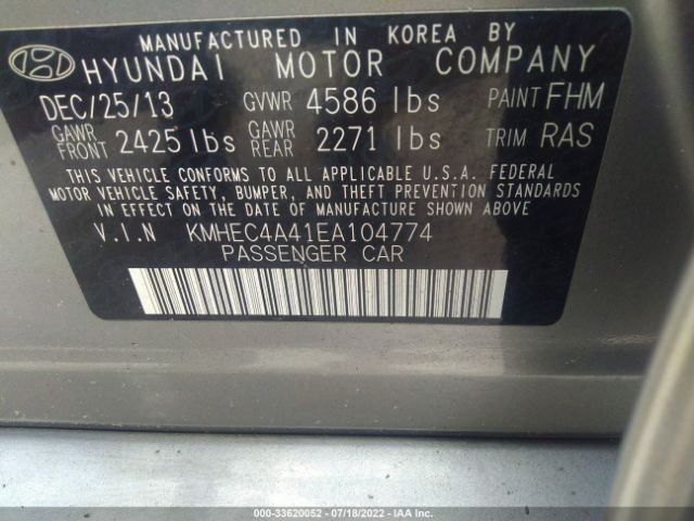 Photo 8 VIN: KMHEC4A41EA104774 - HYUNDAI SONATA HYBRID 