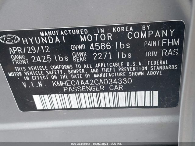 Photo 8 VIN: KMHEC4A42CA034330 - HYUNDAI SONATA HYBRID 