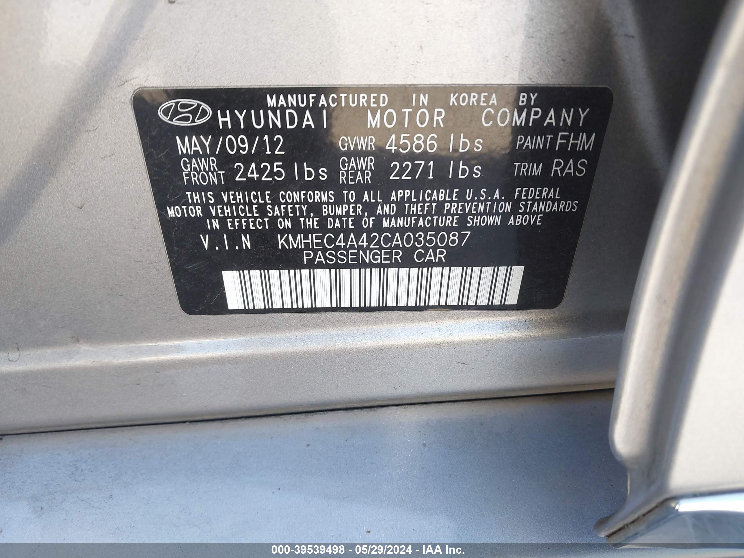 Photo 8 VIN: KMHEC4A42CA035087 - HYUNDAI SONATA 