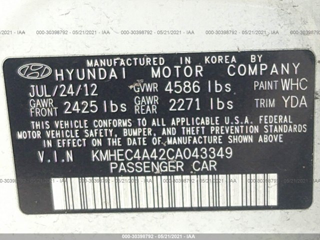 Photo 8 VIN: KMHEC4A42CA043349 - HYUNDAI SONATA 