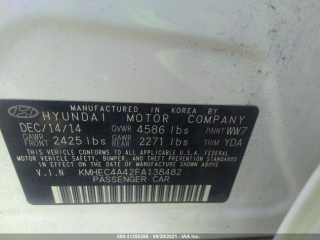 Photo 8 VIN: KMHEC4A42FA138482 - HYUNDAI SONATA HYBRID 