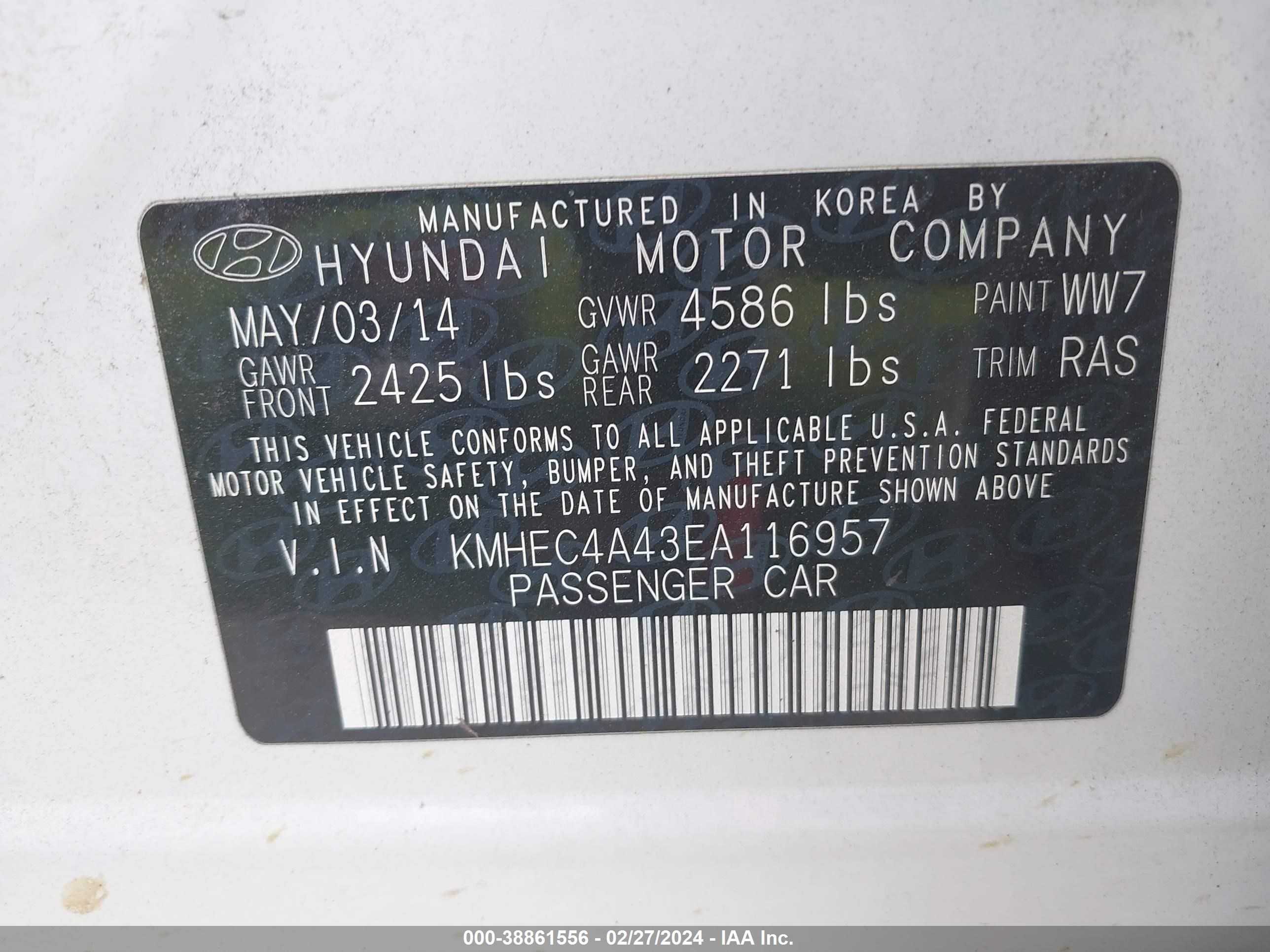 Photo 4 VIN: KMHEC4A43EA116957 - HYUNDAI SONATA 