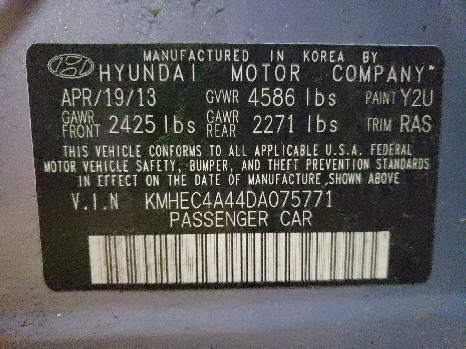 Photo 9 VIN: KMHEC4A44DA075771 - HYUNDAI SONATA HYB 