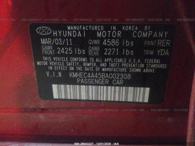 Photo 8 VIN: KMHEC4A45BA002308 - HYUNDAI SONATA 