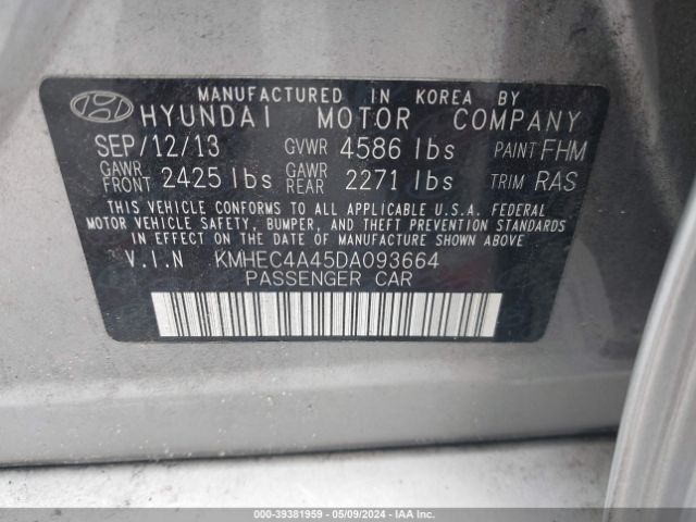 Photo 8 VIN: KMHEC4A45DA093664 - HYUNDAI SONATA HYBRID 