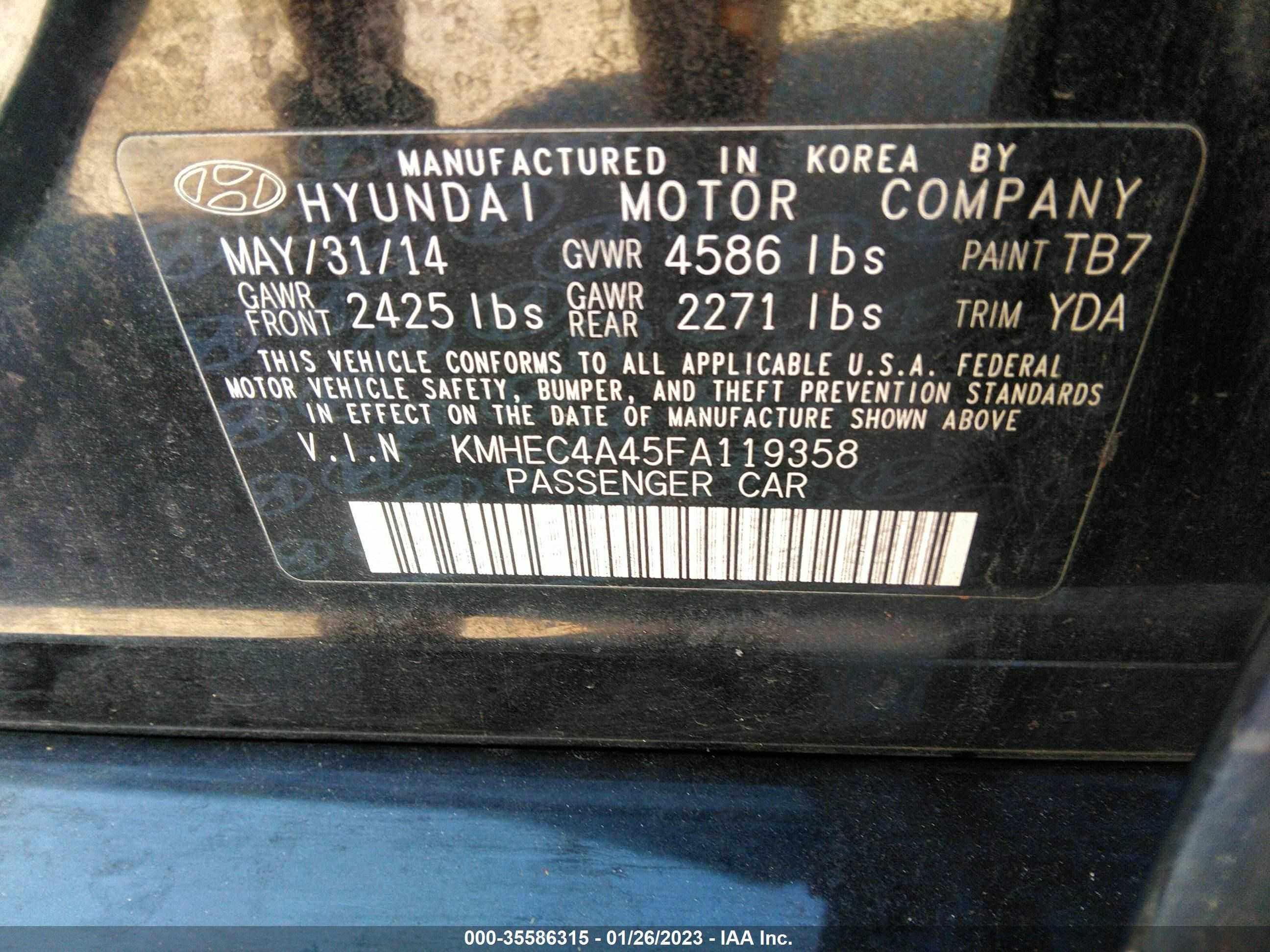 Photo 8 VIN: KMHEC4A45FA119358 - HYUNDAI SONATA 