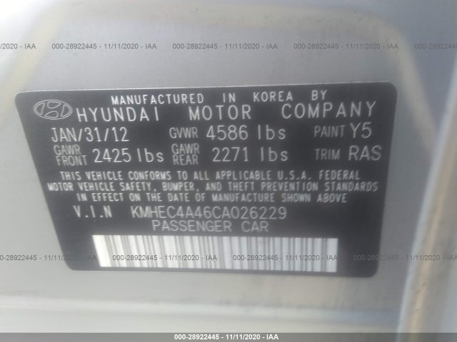 Photo 8 VIN: KMHEC4A46CA026229 - HYUNDAI SONATA 