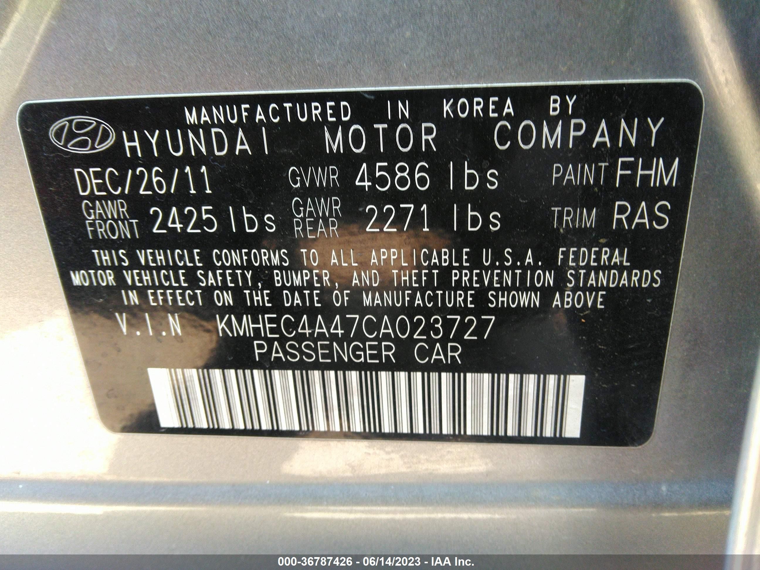 Photo 8 VIN: KMHEC4A47CA023727 - HYUNDAI SONATA 