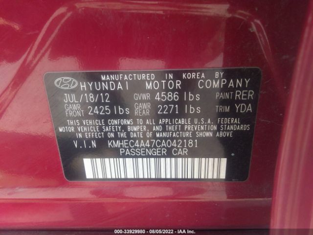 Photo 8 VIN: KMHEC4A47CA042181 - HYUNDAI SONATA 