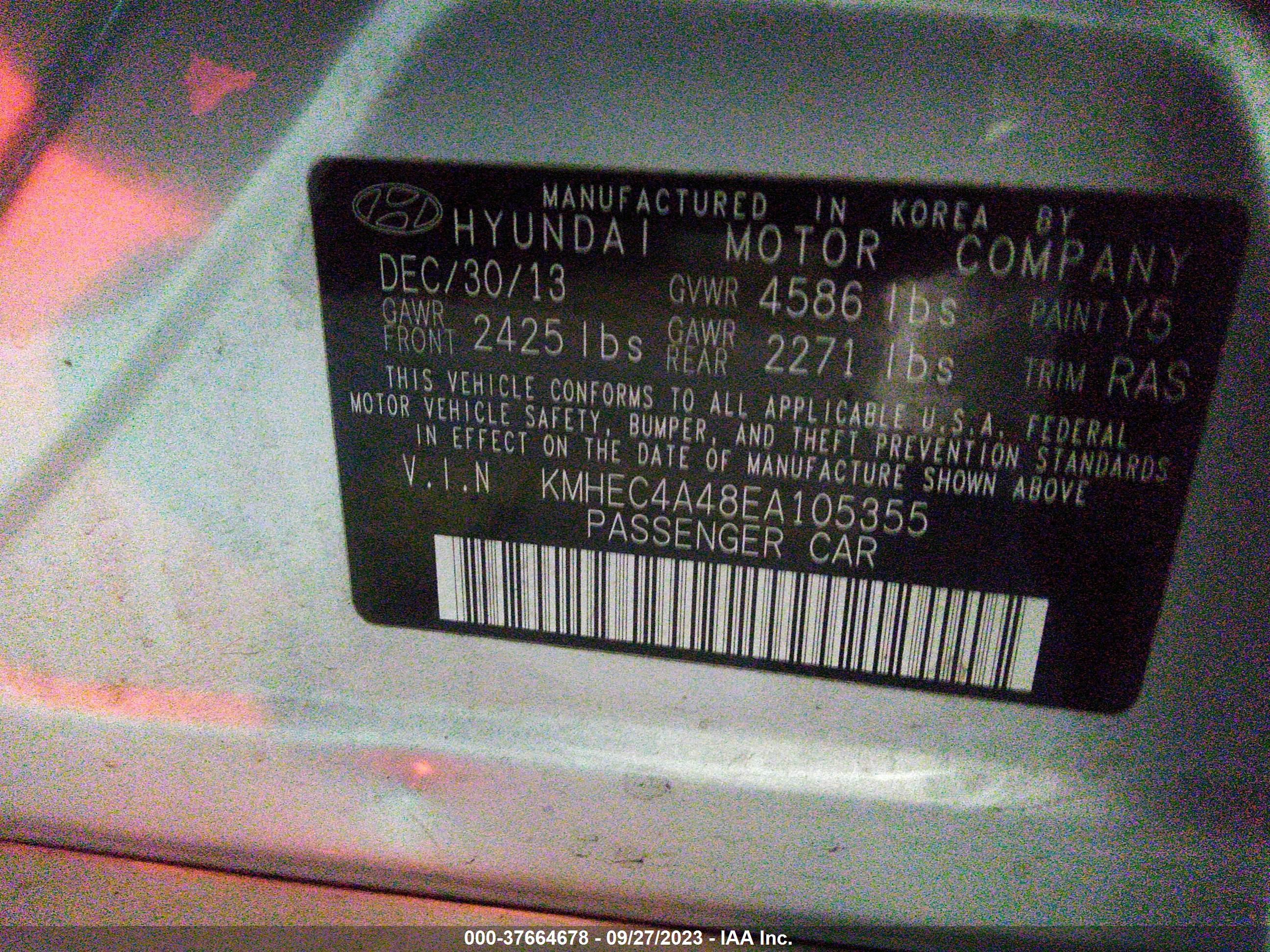 Photo 8 VIN: KMHEC4A48EA105355 - HYUNDAI SONATA 