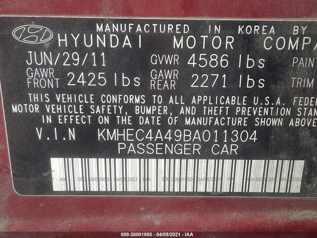 Photo 8 VIN: KMHEC4A49BA011304 - HYUNDAI SONATA 