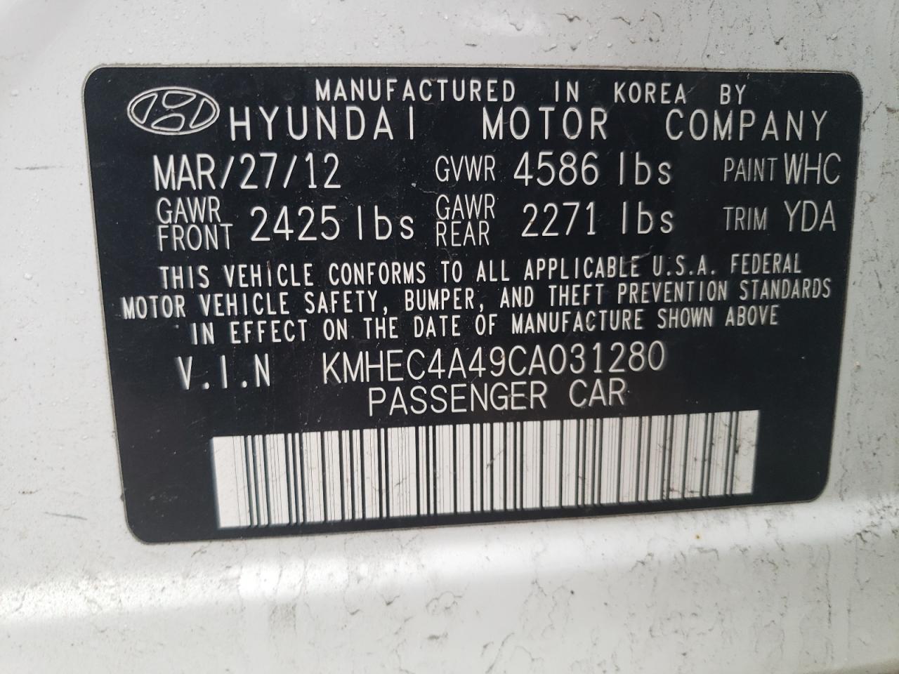 Photo 11 VIN: KMHEC4A49CA031280 - HYUNDAI SONATA 