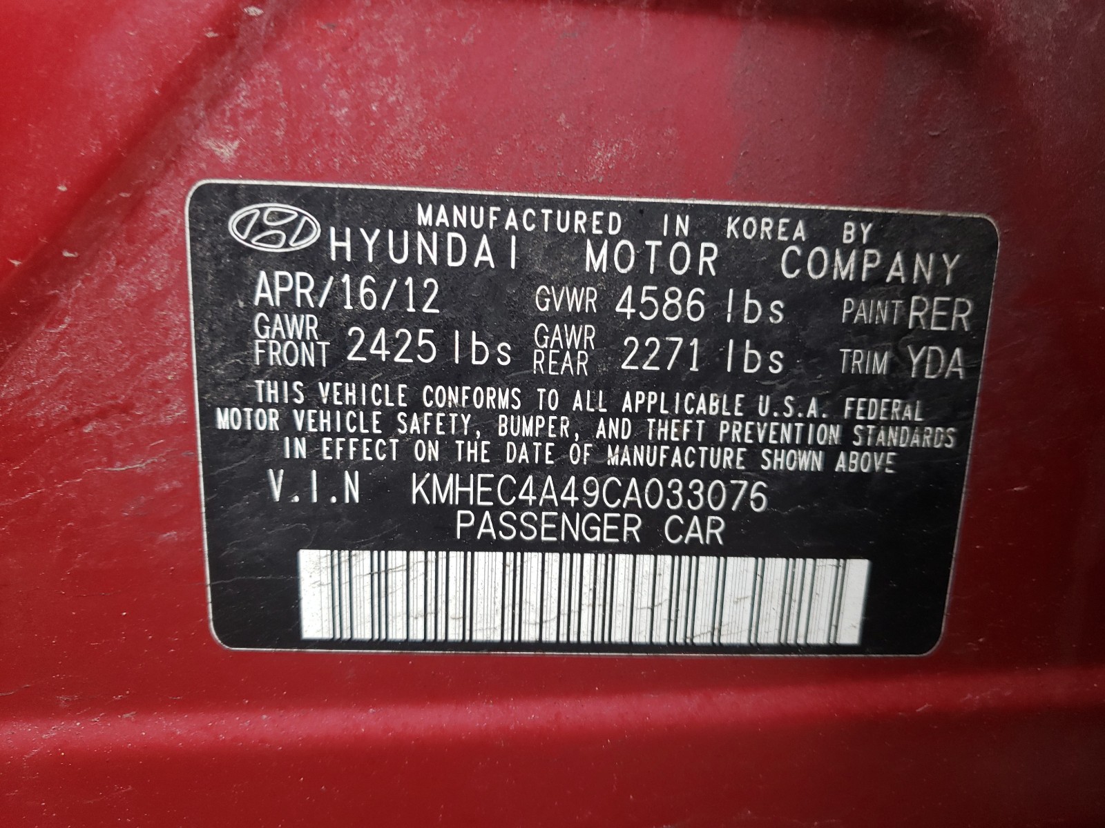 Photo 9 VIN: KMHEC4A49CA033076 - HYUNDAI SONATA HYB 