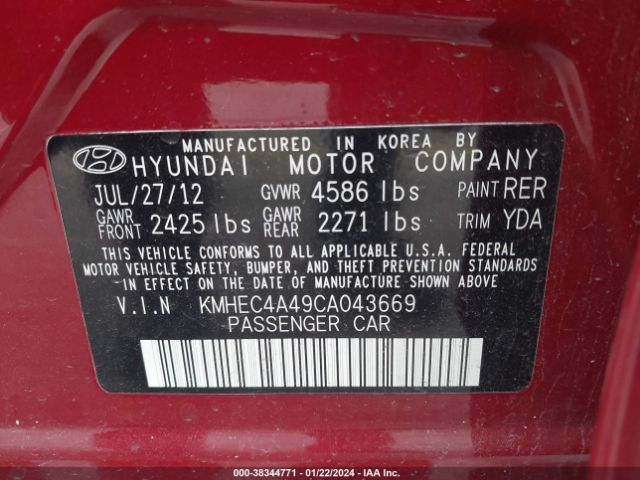 Photo 8 VIN: KMHEC4A49CA043669 - HYUNDAI SONATA HYBRID 