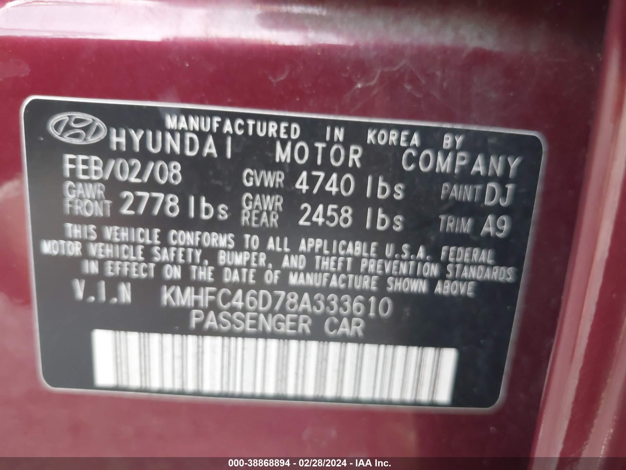 Photo 8 VIN: KMHFC46D78A333610 - HYUNDAI AZERA 