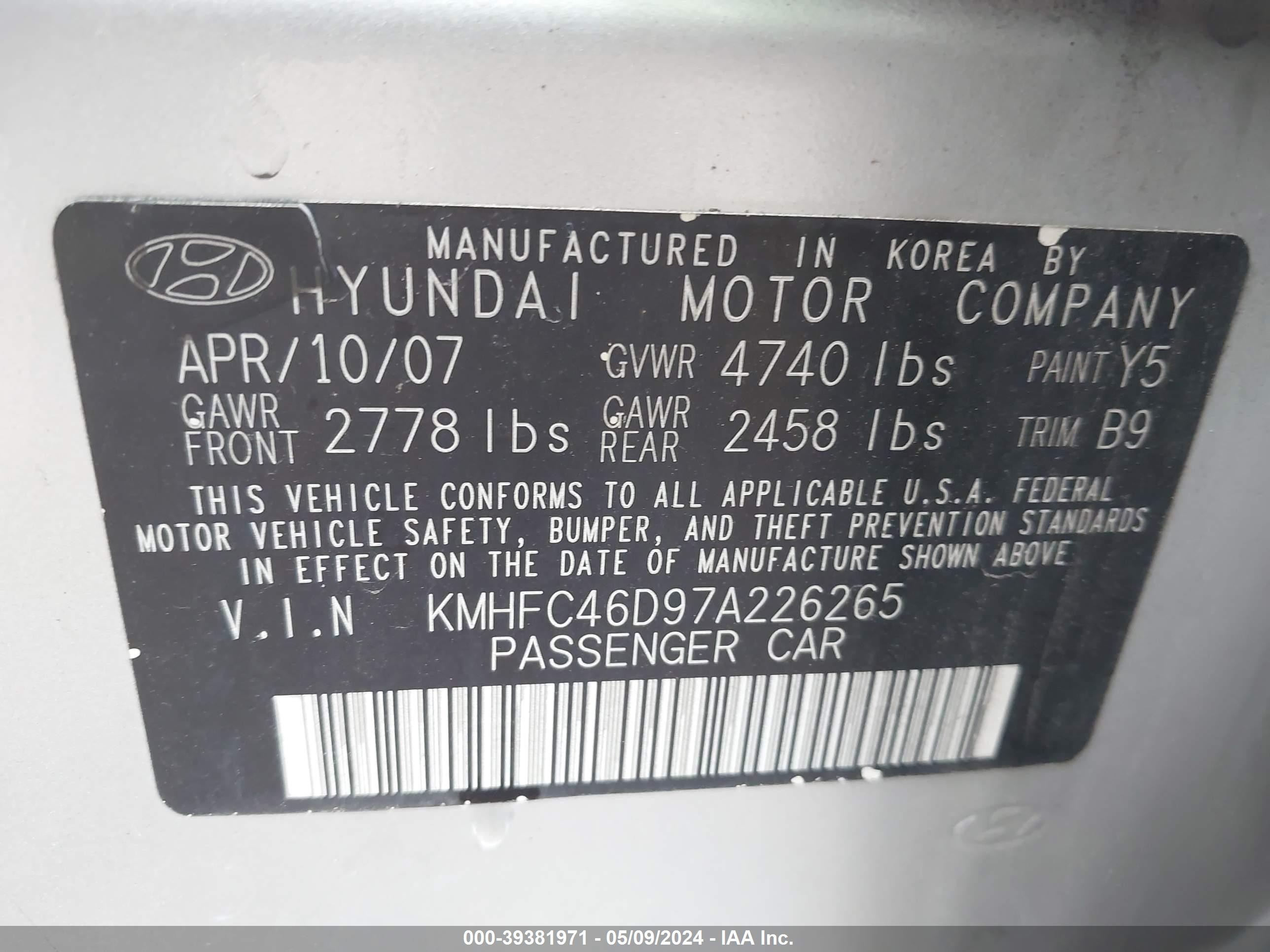 Photo 8 VIN: KMHFC46D97A226265 - HYUNDAI AZERA 