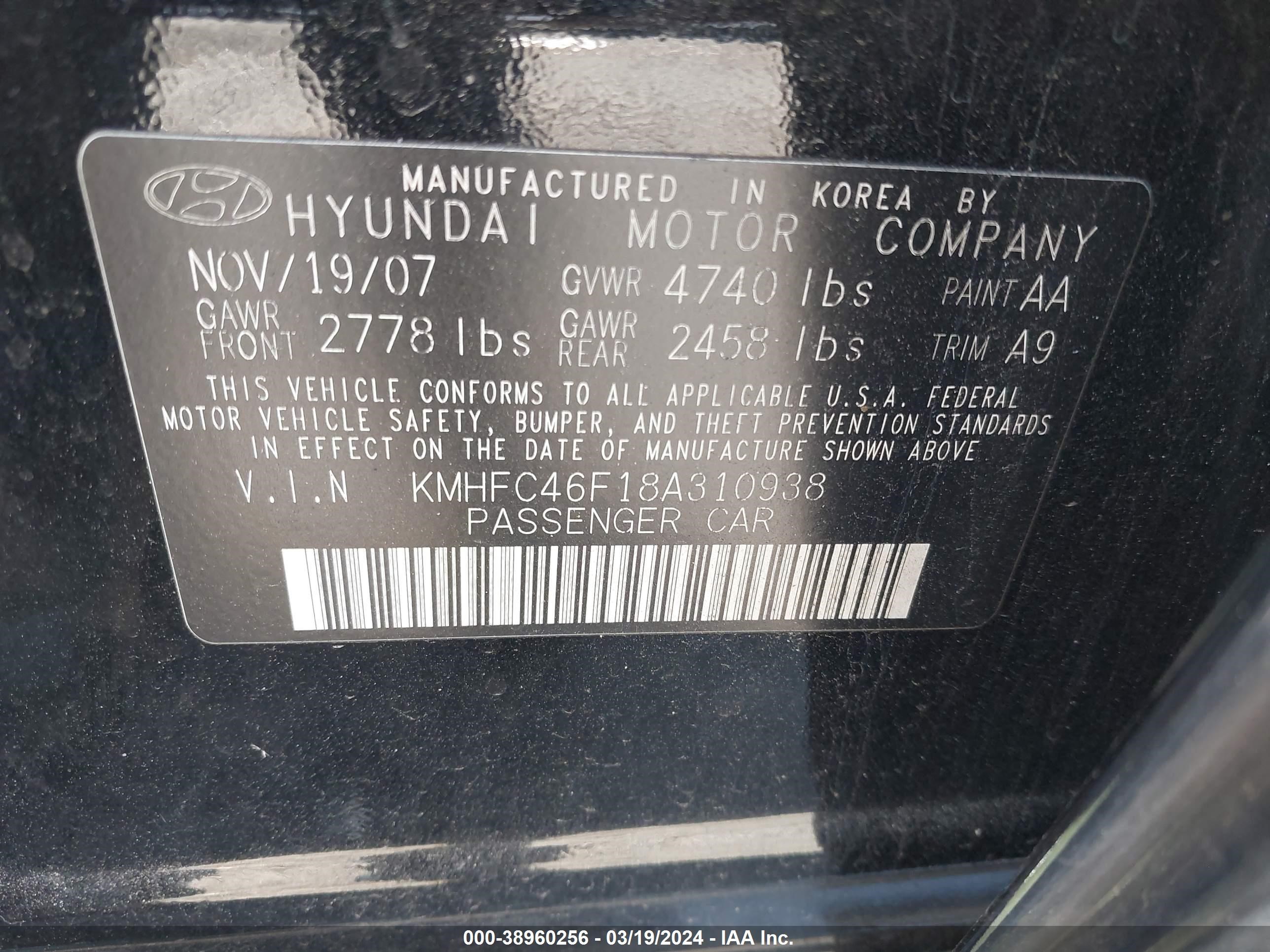 Photo 8 VIN: KMHFC46F18A310938 - HYUNDAI AZERA 