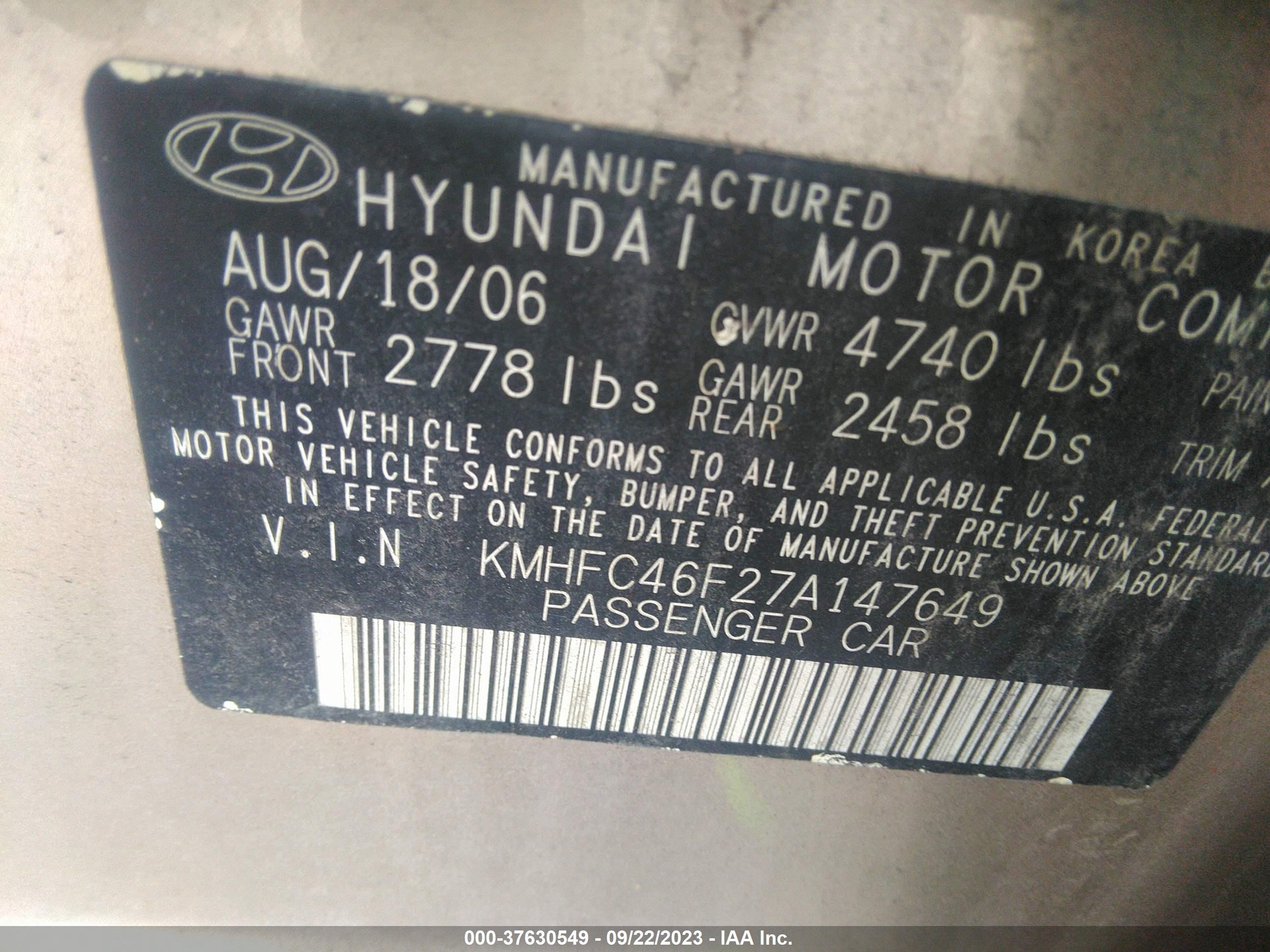 Photo 8 VIN: KMHFC46F27A147649 - HYUNDAI AZERA 