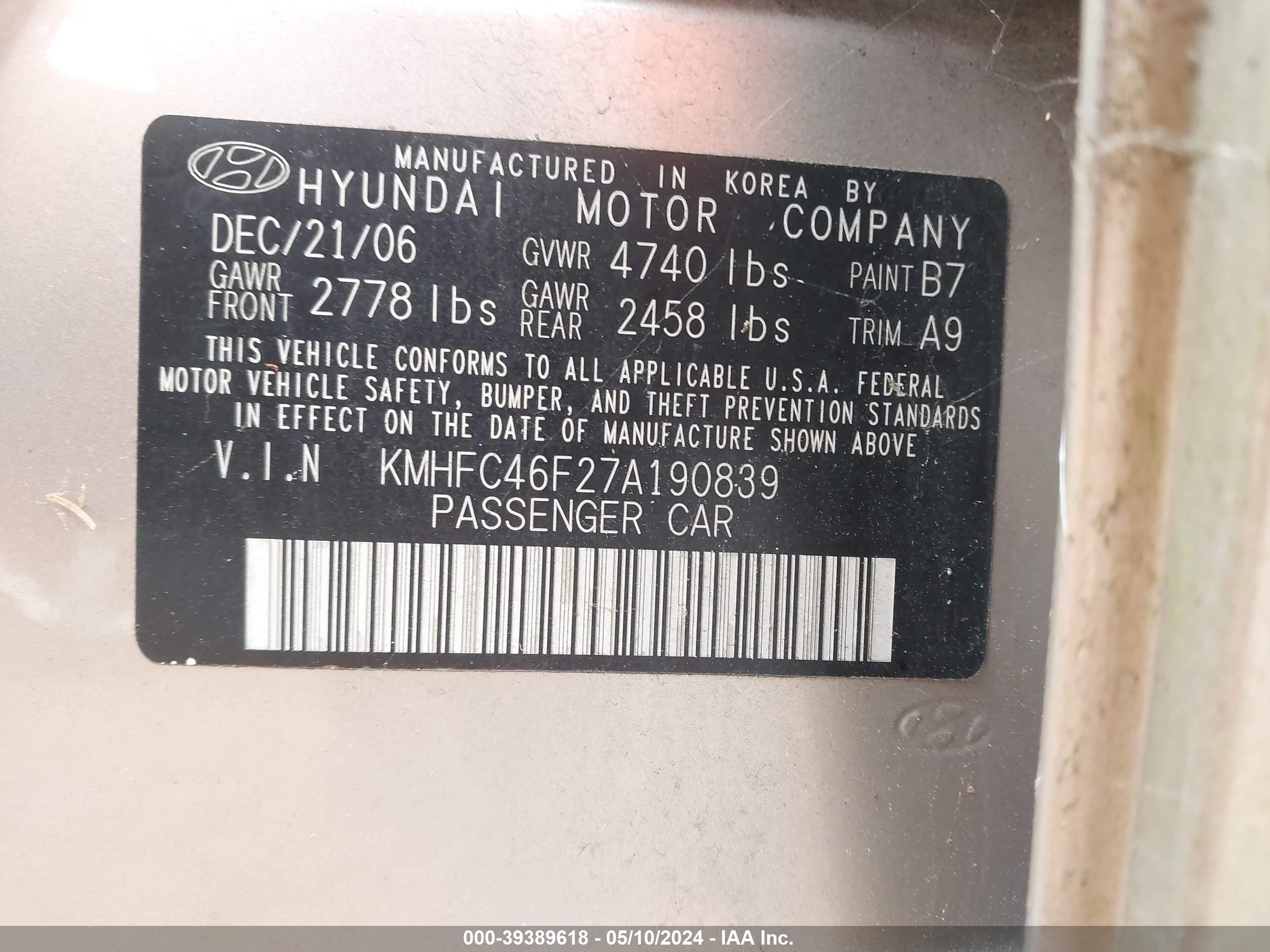 Photo 8 VIN: KMHFC46F27A190839 - HYUNDAI AZERA 