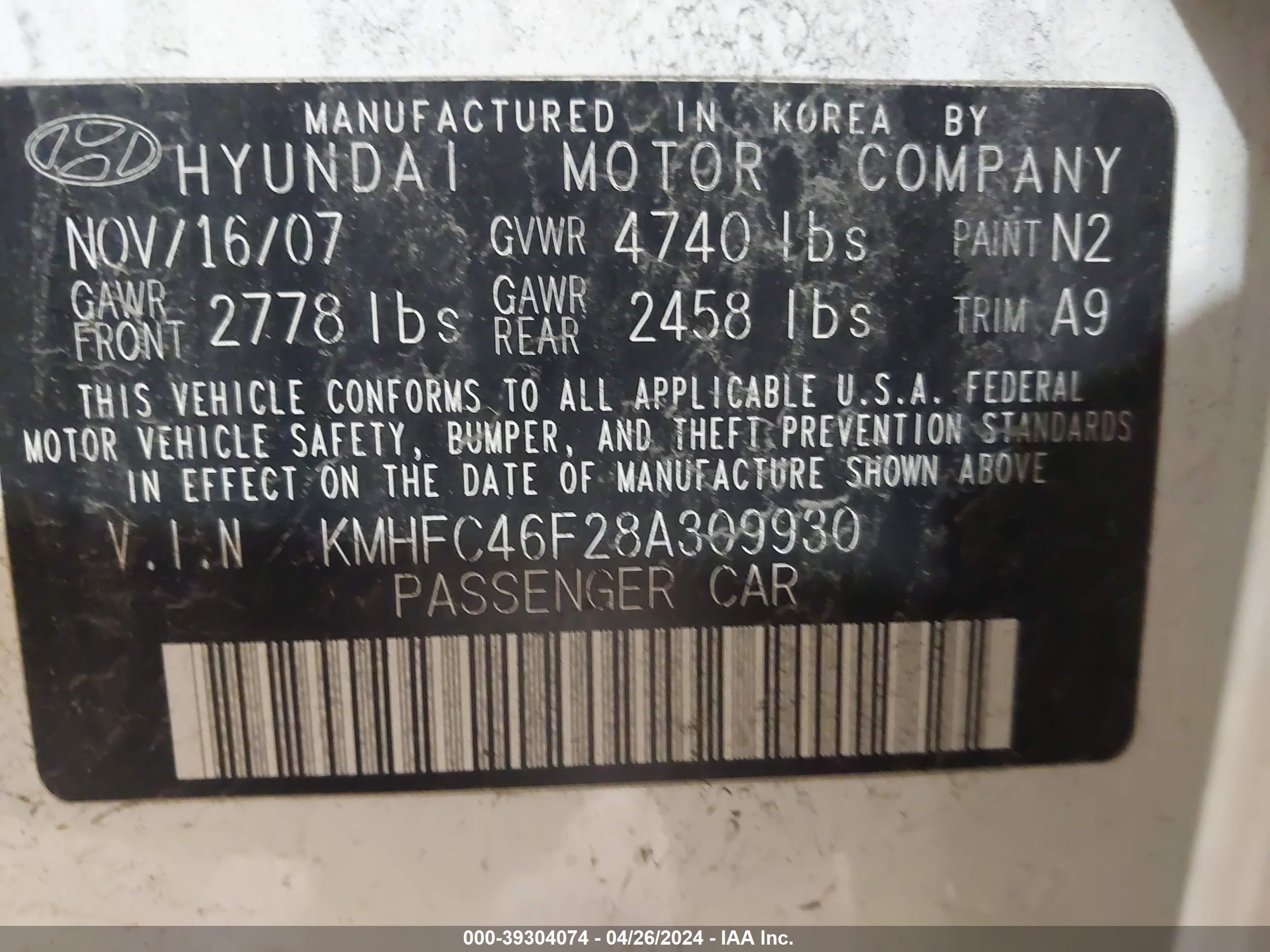 Photo 8 VIN: KMHFC46F28A309930 - HYUNDAI AZERA 