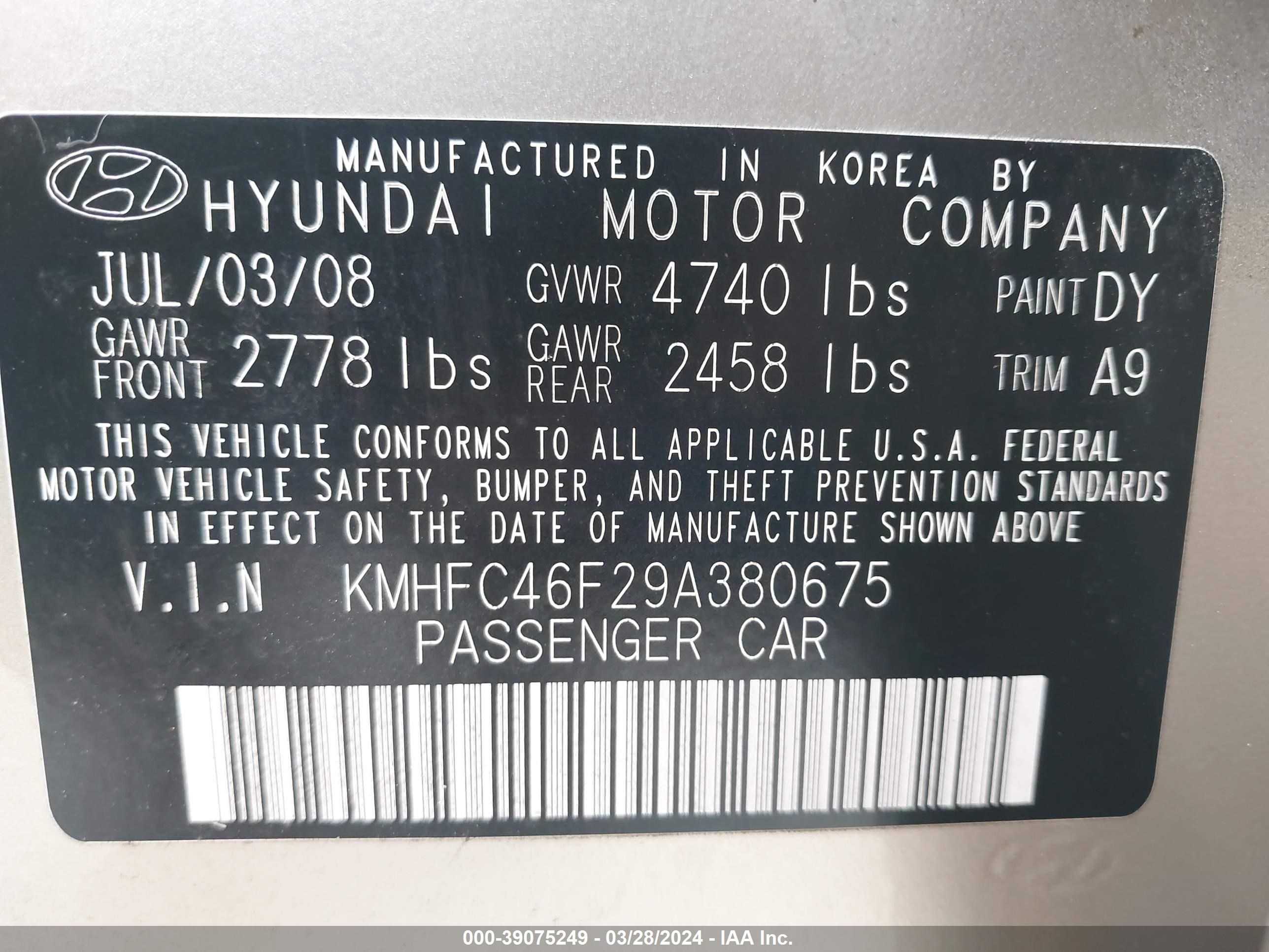 Photo 8 VIN: KMHFC46F29A380675 - HYUNDAI AZERA 