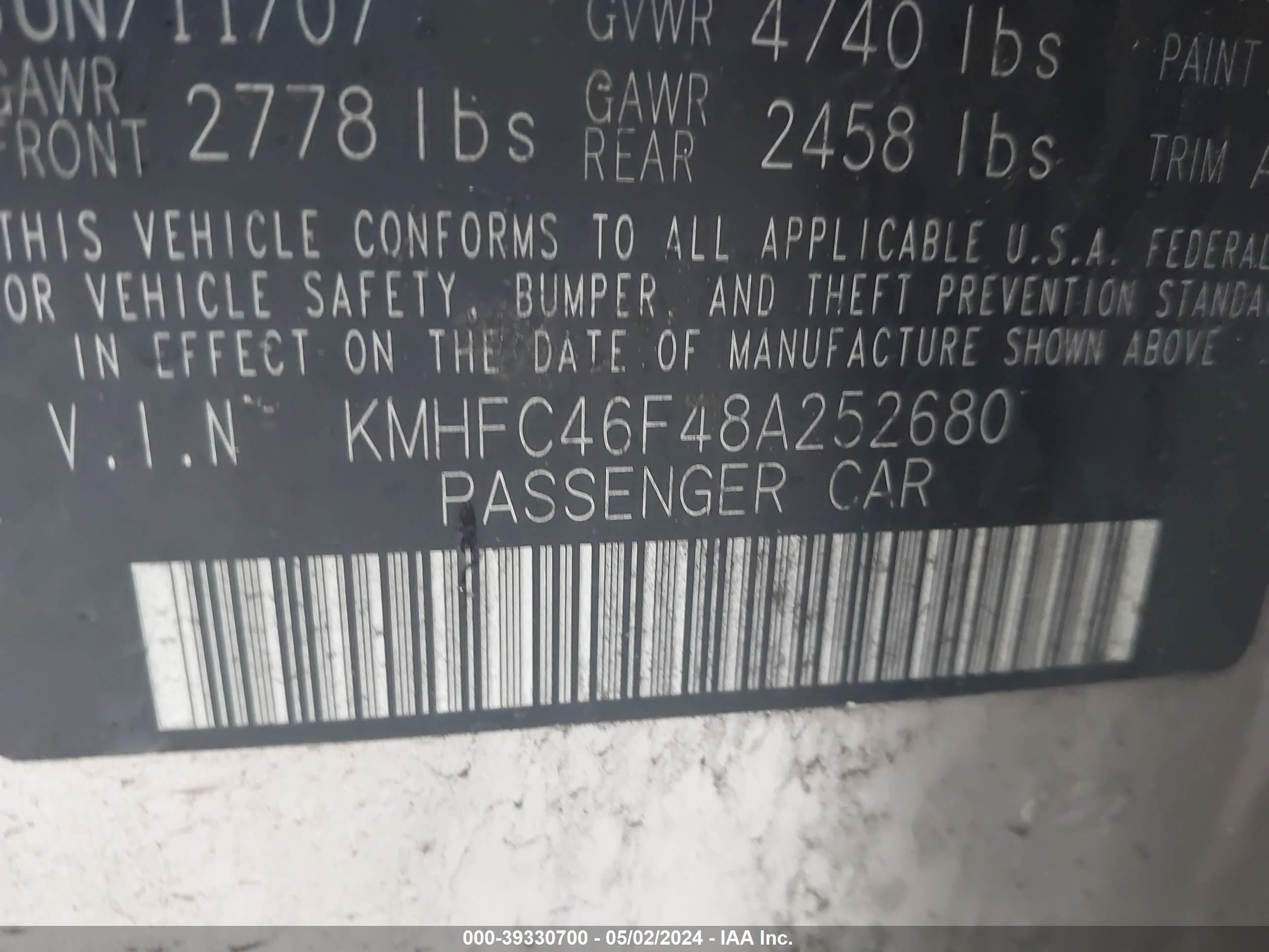 Photo 8 VIN: KMHFC46F48A252680 - HYUNDAI AZERA 