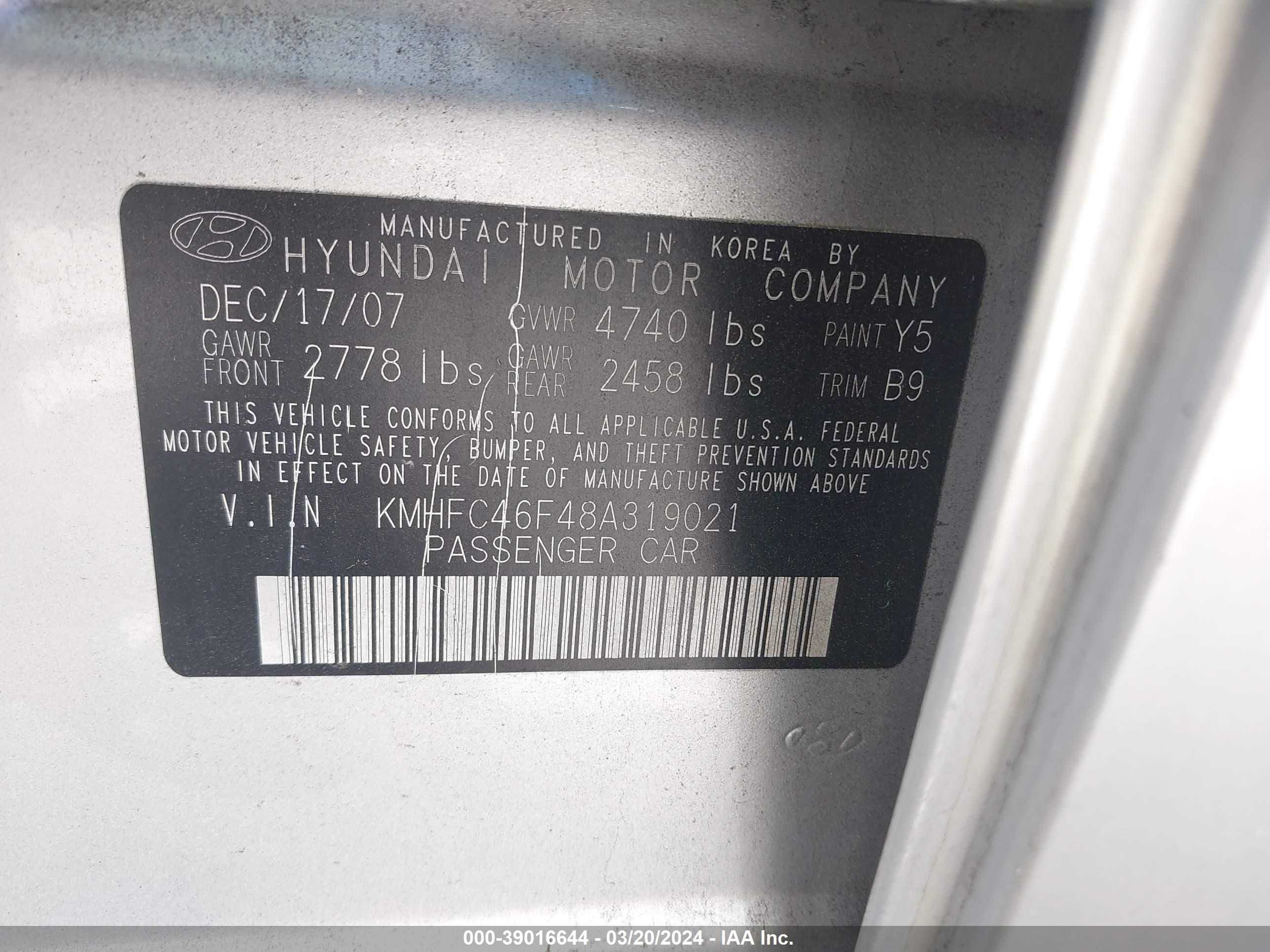 Photo 8 VIN: KMHFC46F48A319021 - HYUNDAI AZERA 