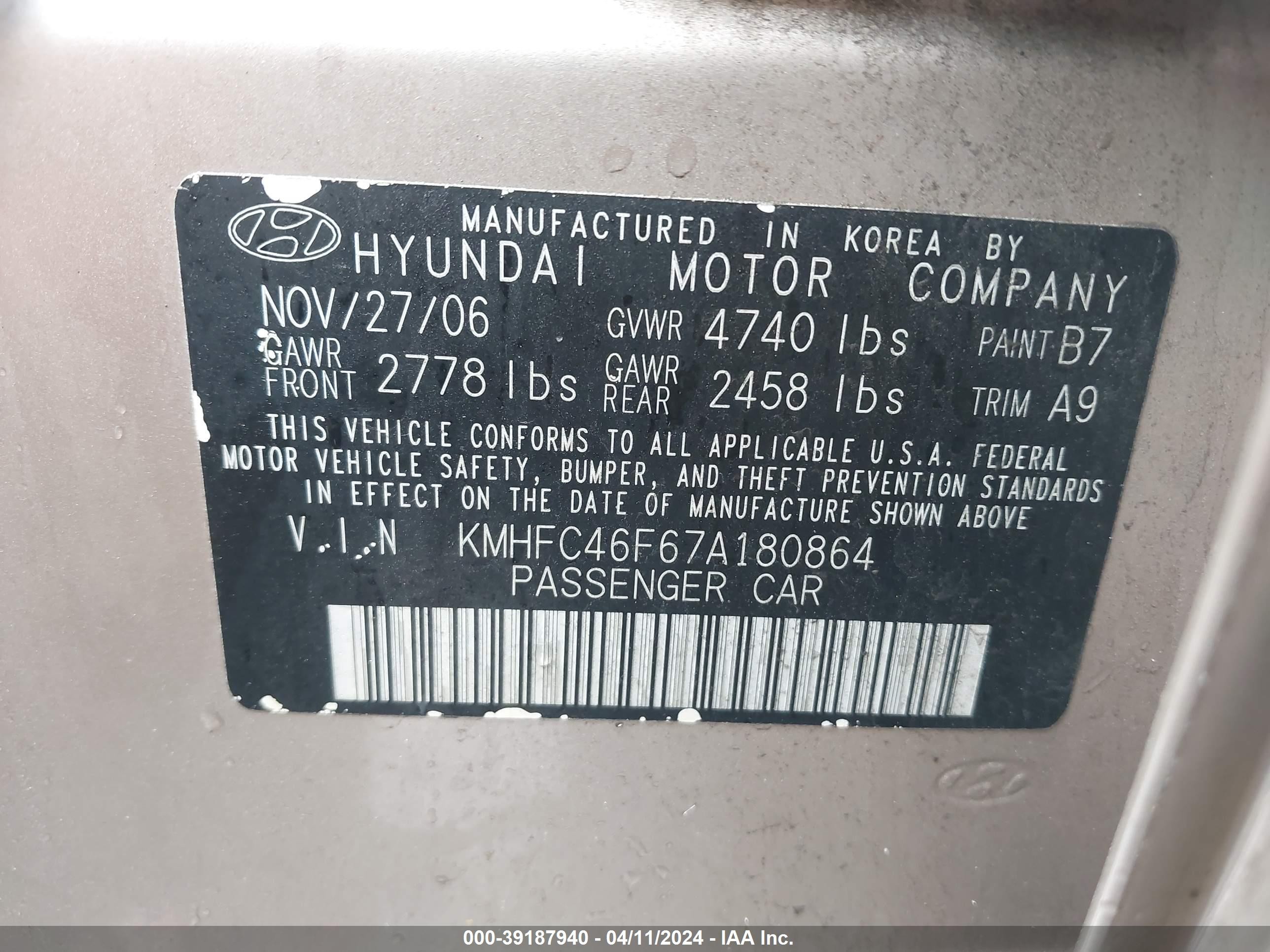 Photo 8 VIN: KMHFC46F67A180864 - HYUNDAI AZERA 