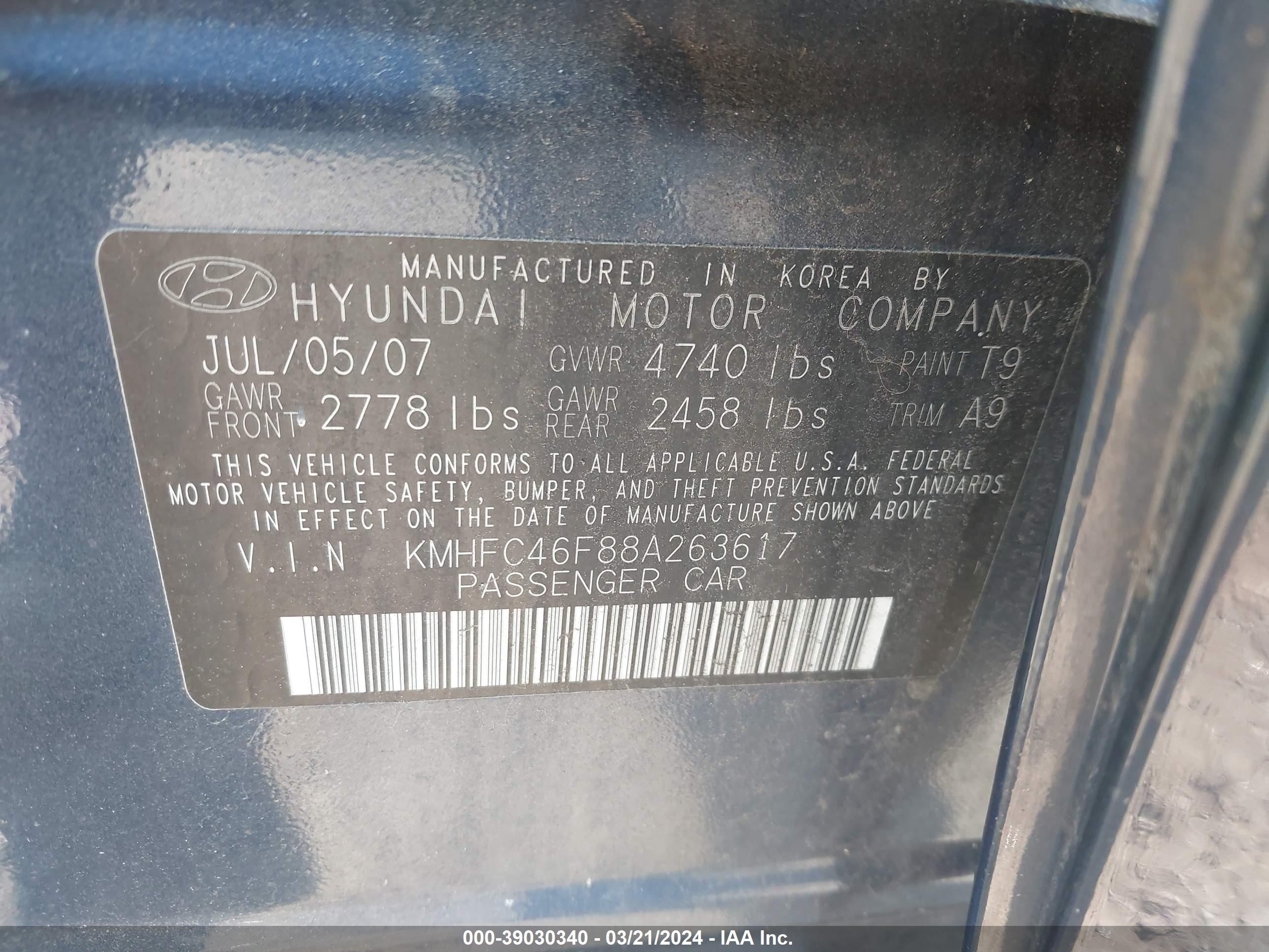 Photo 8 VIN: KMHFC46F88A263617 - HYUNDAI AZERA 