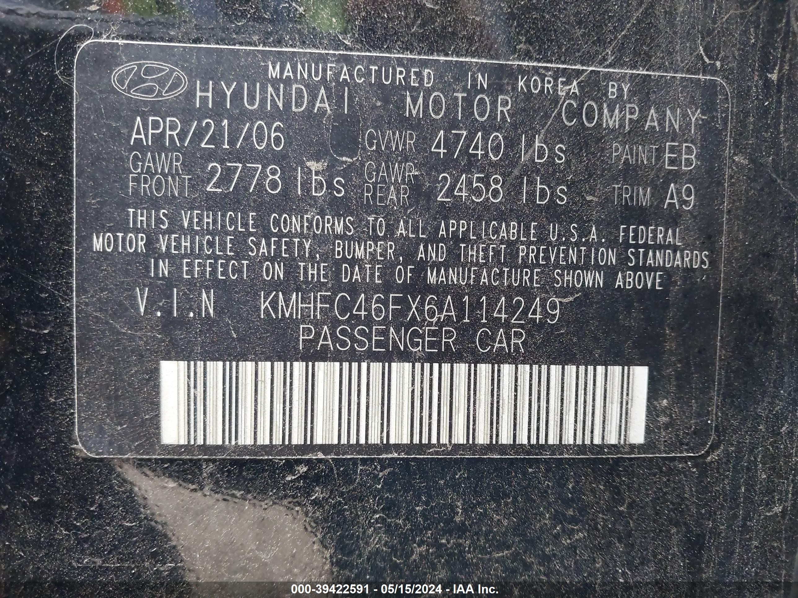 Photo 8 VIN: KMHFC46FX6A114249 - HYUNDAI AZERA 