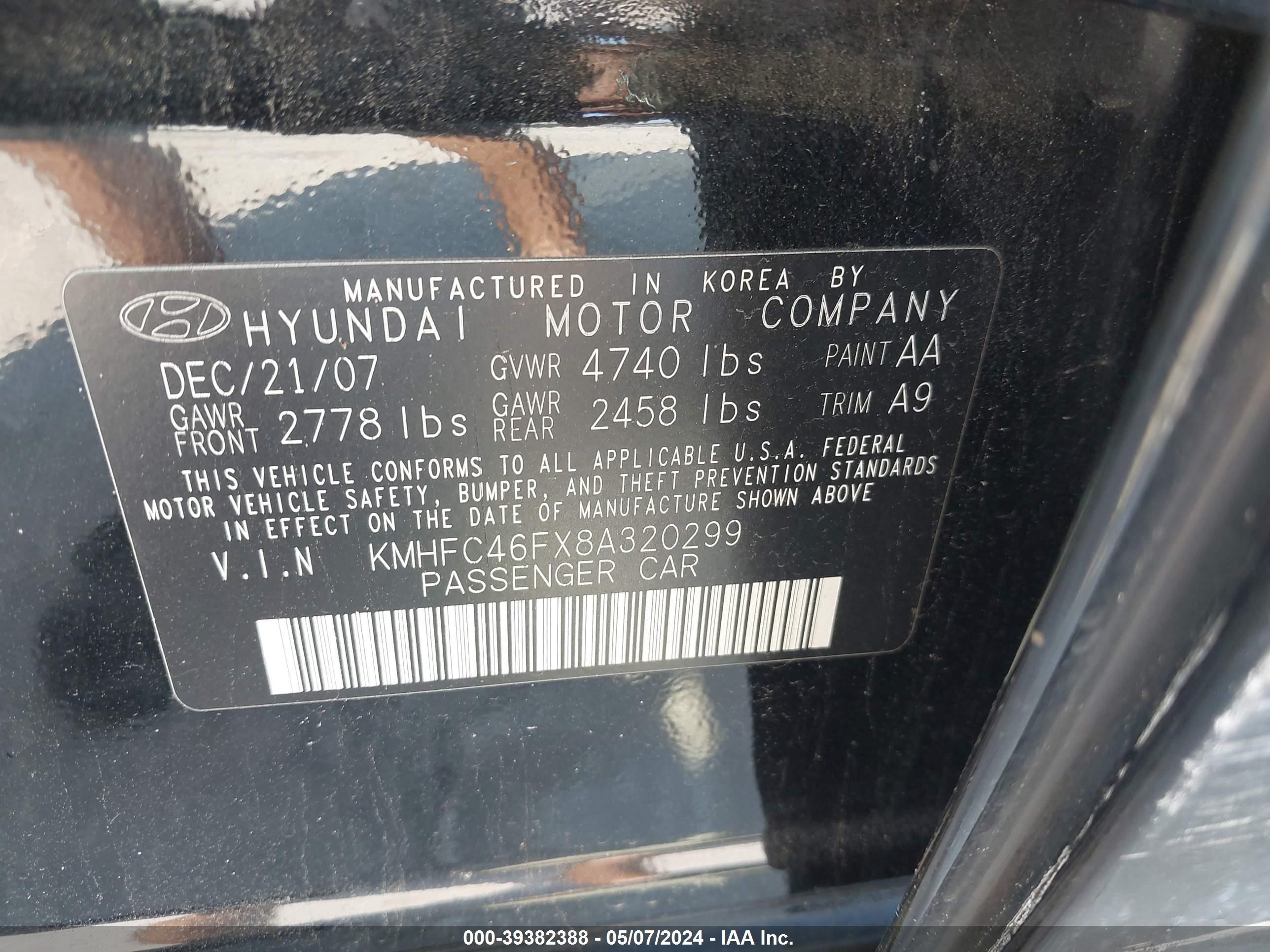 Photo 8 VIN: KMHFC46FX8A320299 - HYUNDAI AZERA 