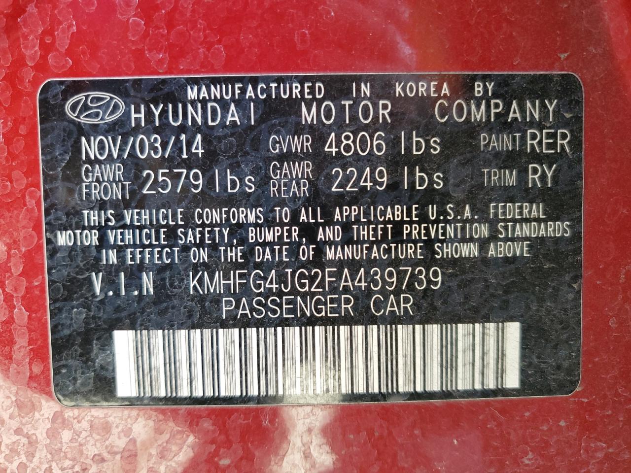 Photo 12 VIN: KMHFG4JG2FA439739 - HYUNDAI AZERA 