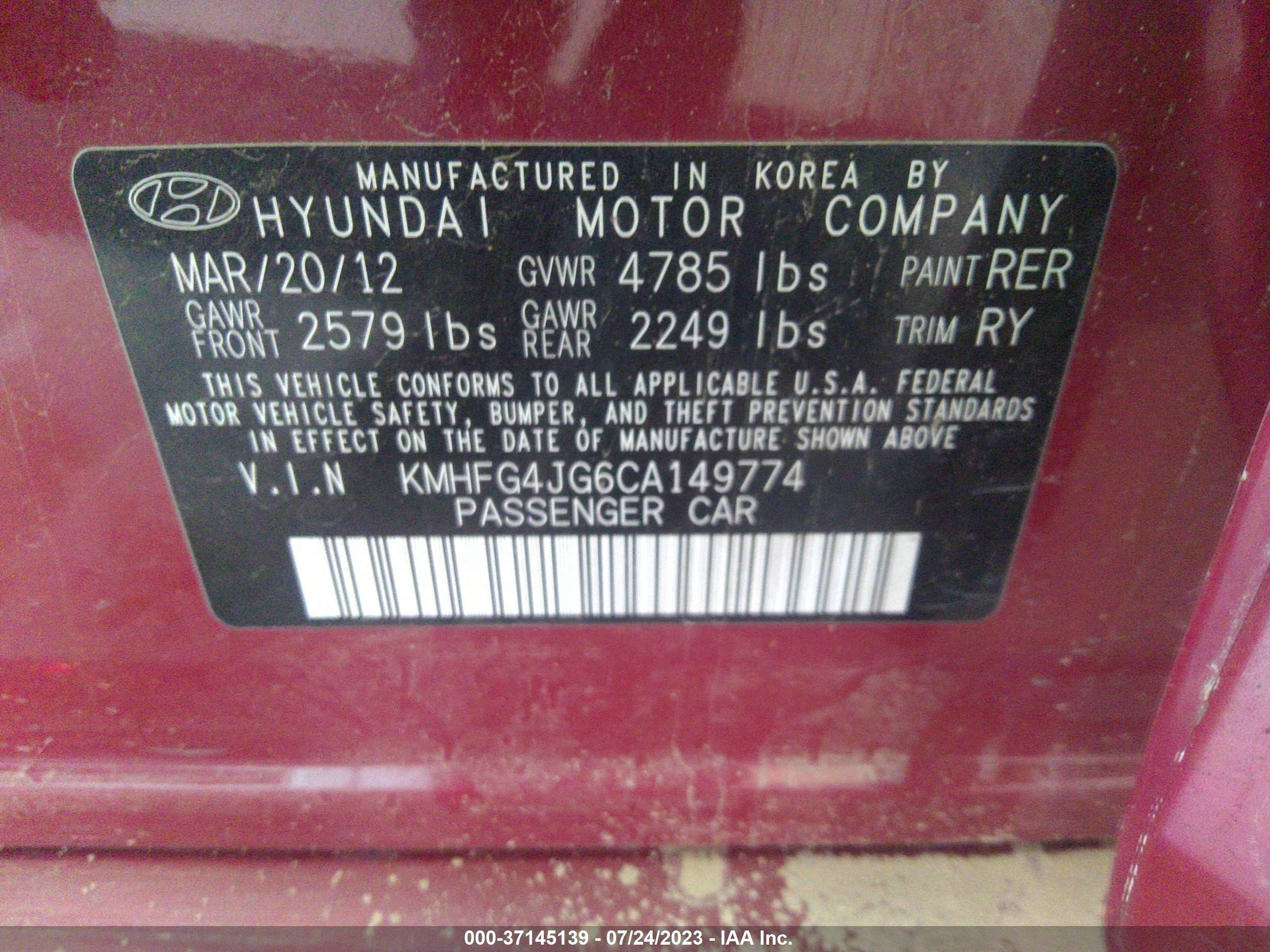 Photo 8 VIN: KMHFG4JG6CA149774 - HYUNDAI AZERA 