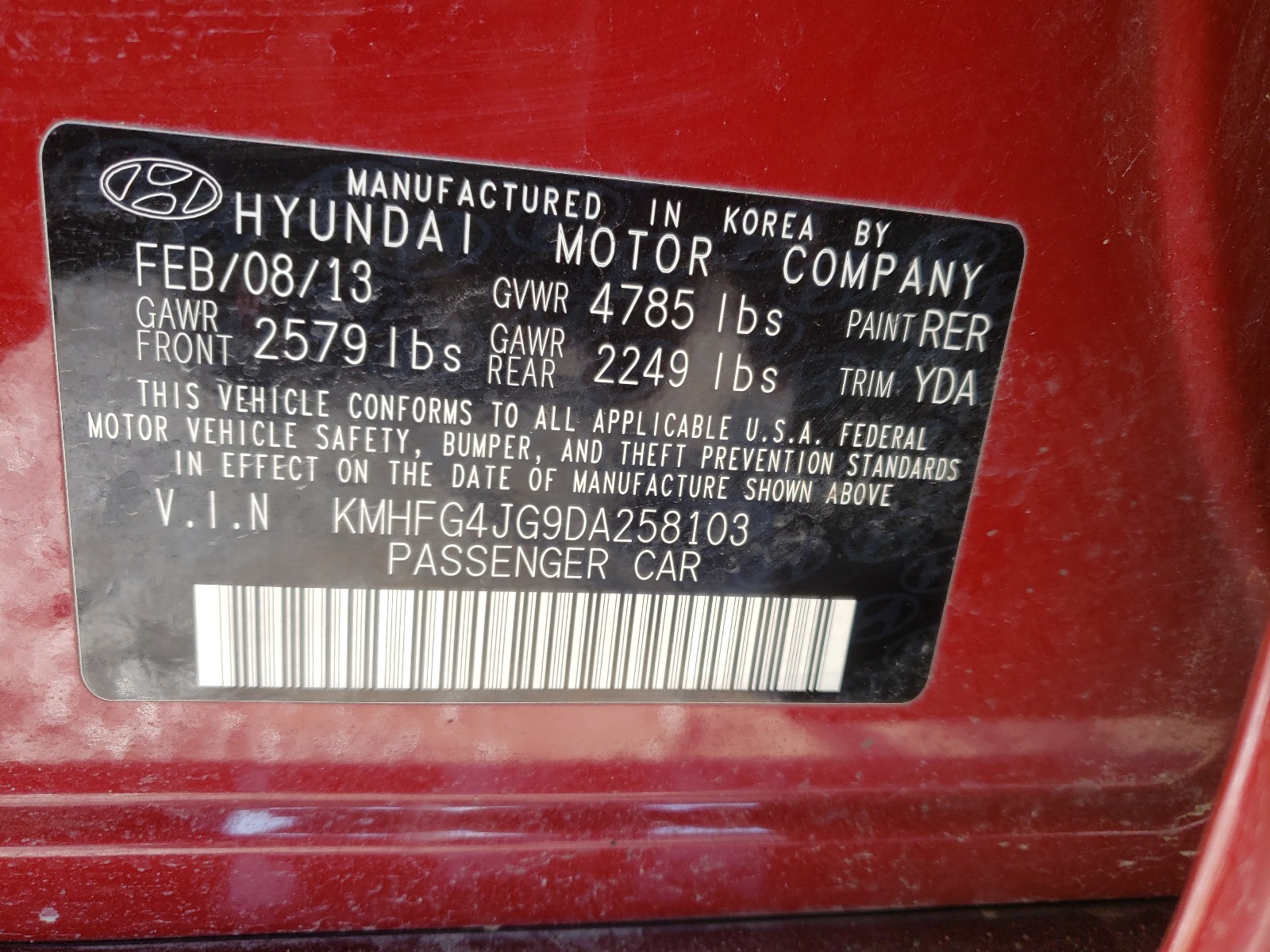 Photo 9 VIN: KMHFG4JG9DA258103 - HYUNDAI AZERA 