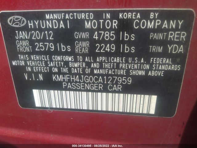 Photo 8 VIN: KMHFH4JG0CA127959 - HYUNDAI AZERA 