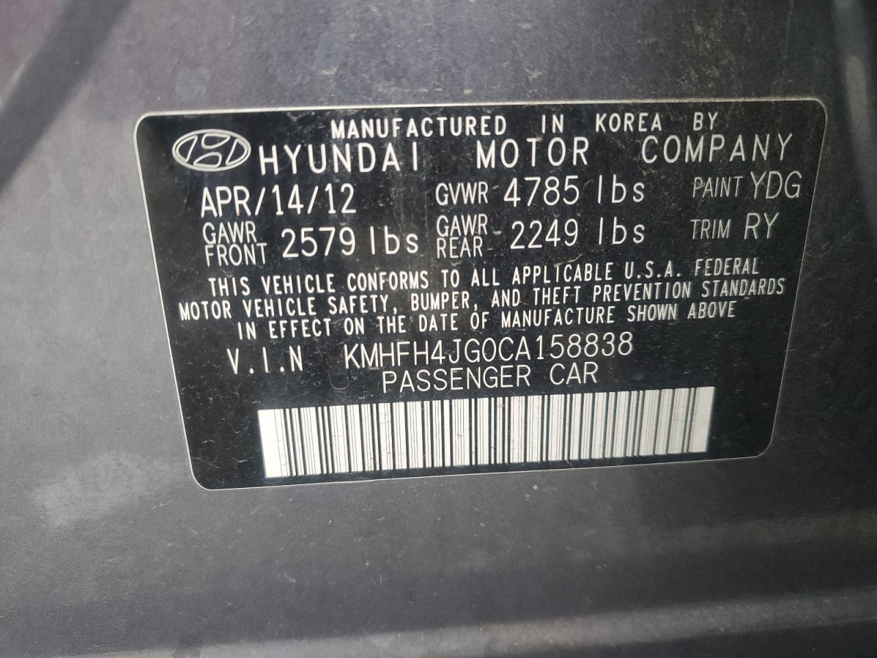 Photo 11 VIN: KMHFH4JG0CA158838 - HYUNDAI AZERA 