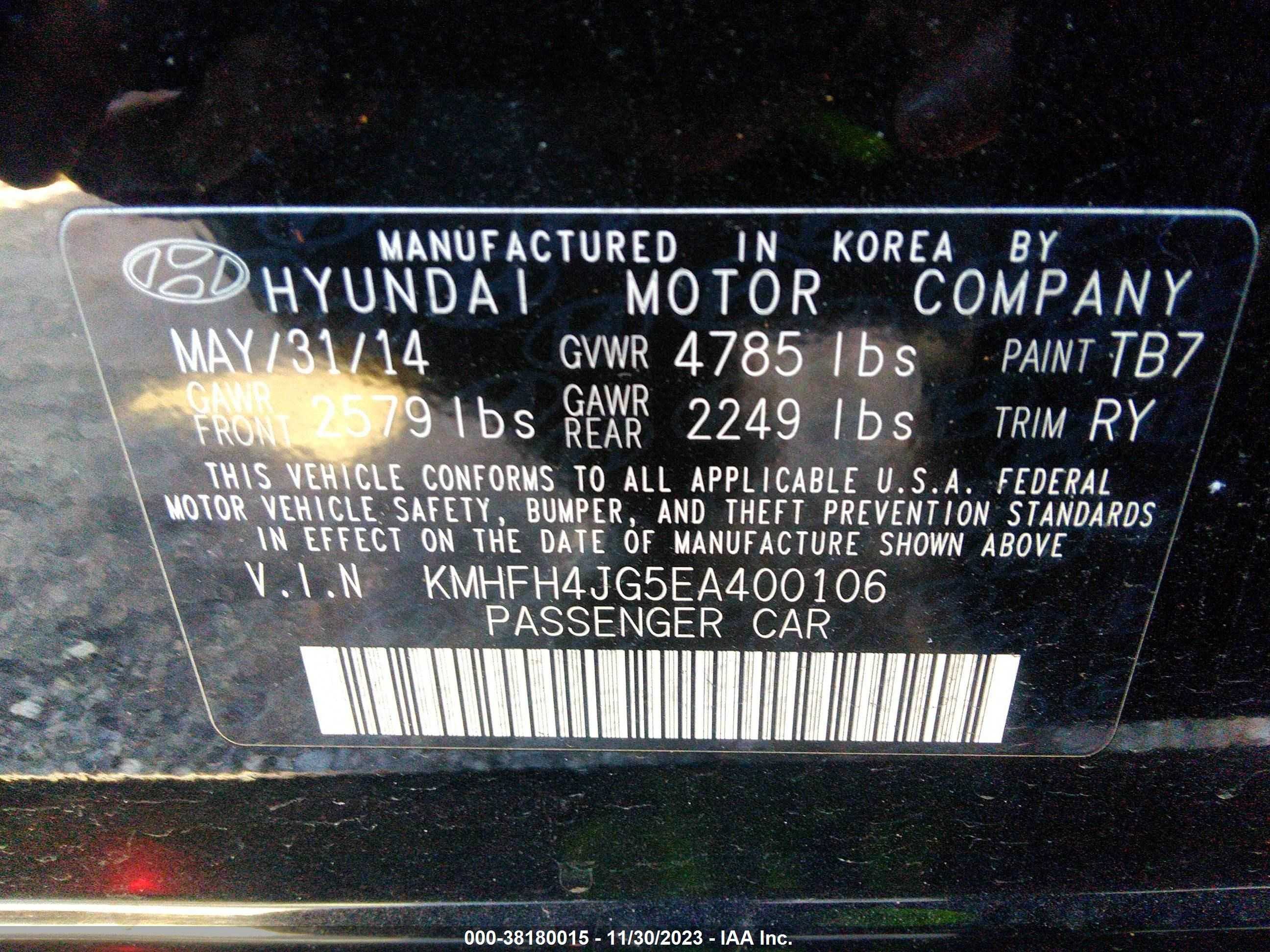 Photo 8 VIN: KMHFH4JG5EA400106 - HYUNDAI AZERA 