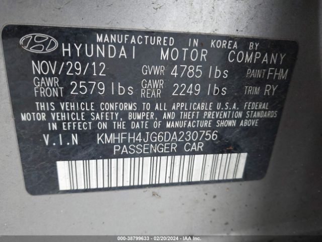 Photo 8 VIN: KMHFH4JG6DA230756 - HYUNDAI AZERA 