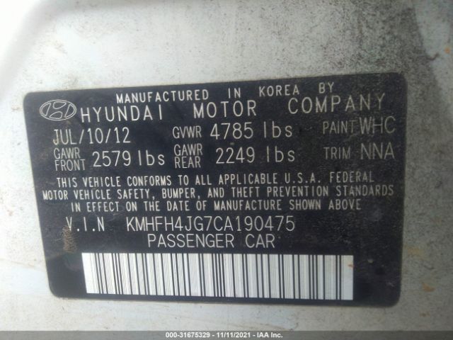 Photo 8 VIN: KMHFH4JG7CA190475 - HYUNDAI AZERA 