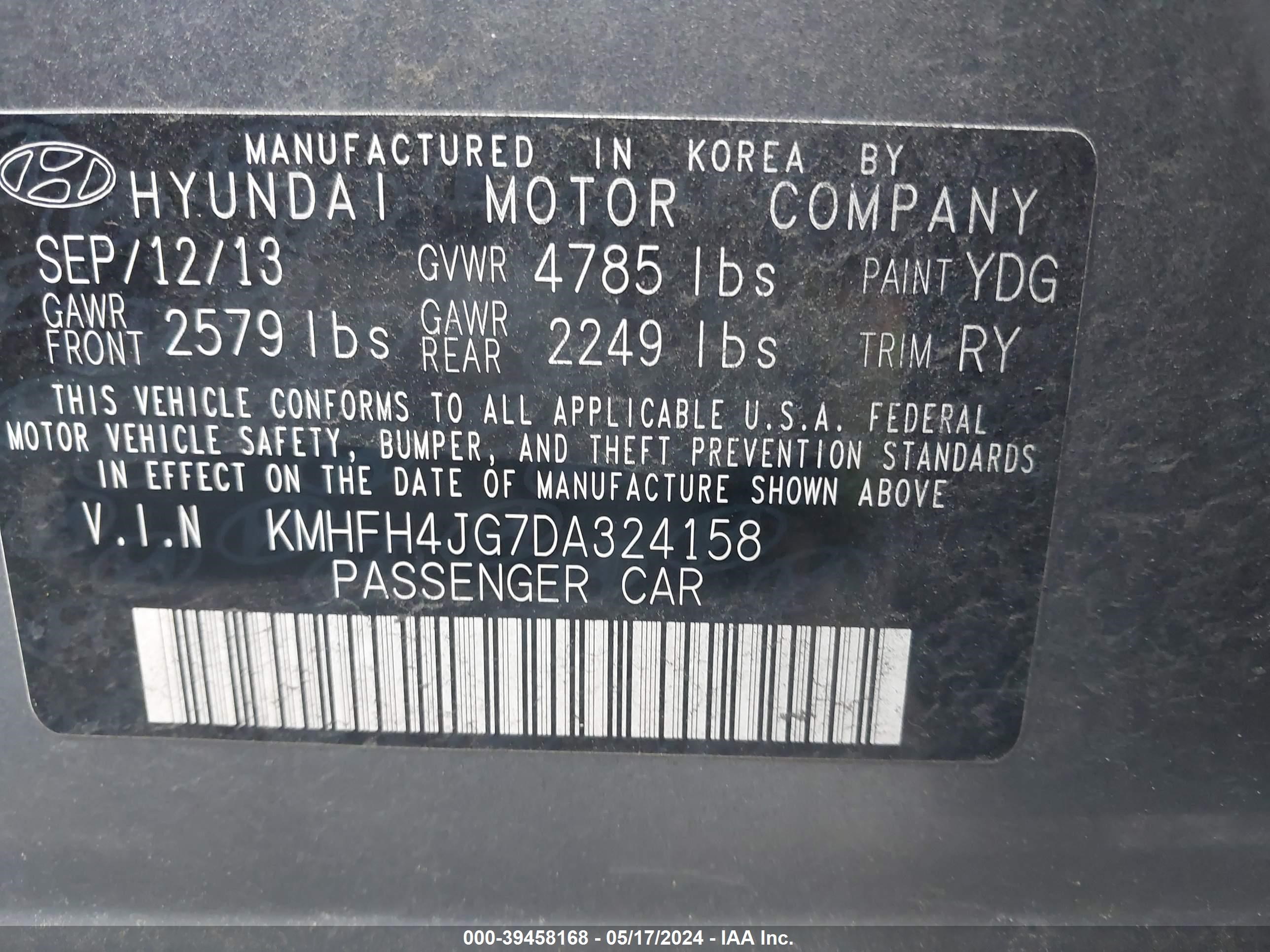 Photo 8 VIN: KMHFH4JG7DA324158 - HYUNDAI AZERA 