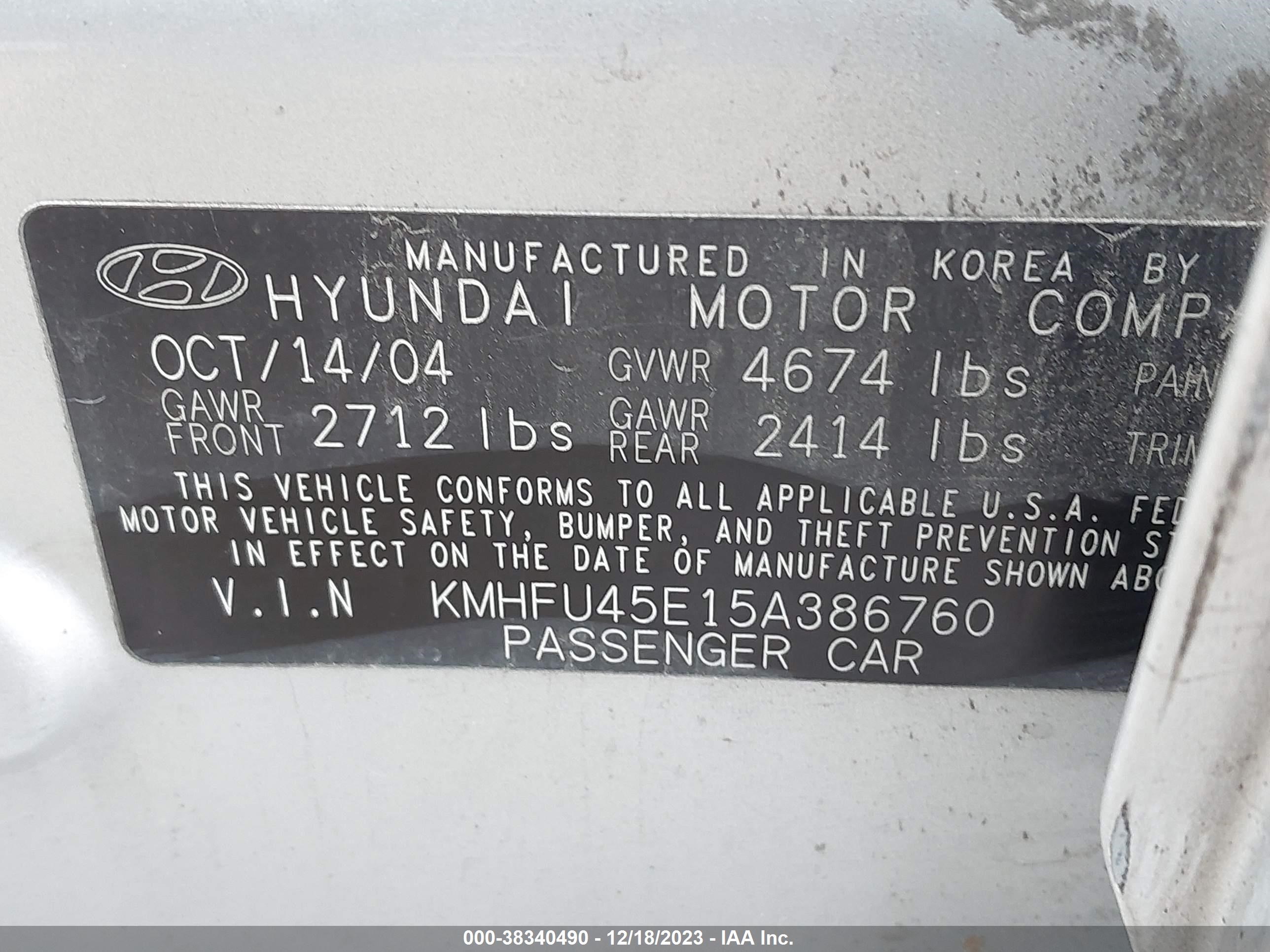 Photo 8 VIN: KMHFU45E15A386760 - HYUNDAI XG 