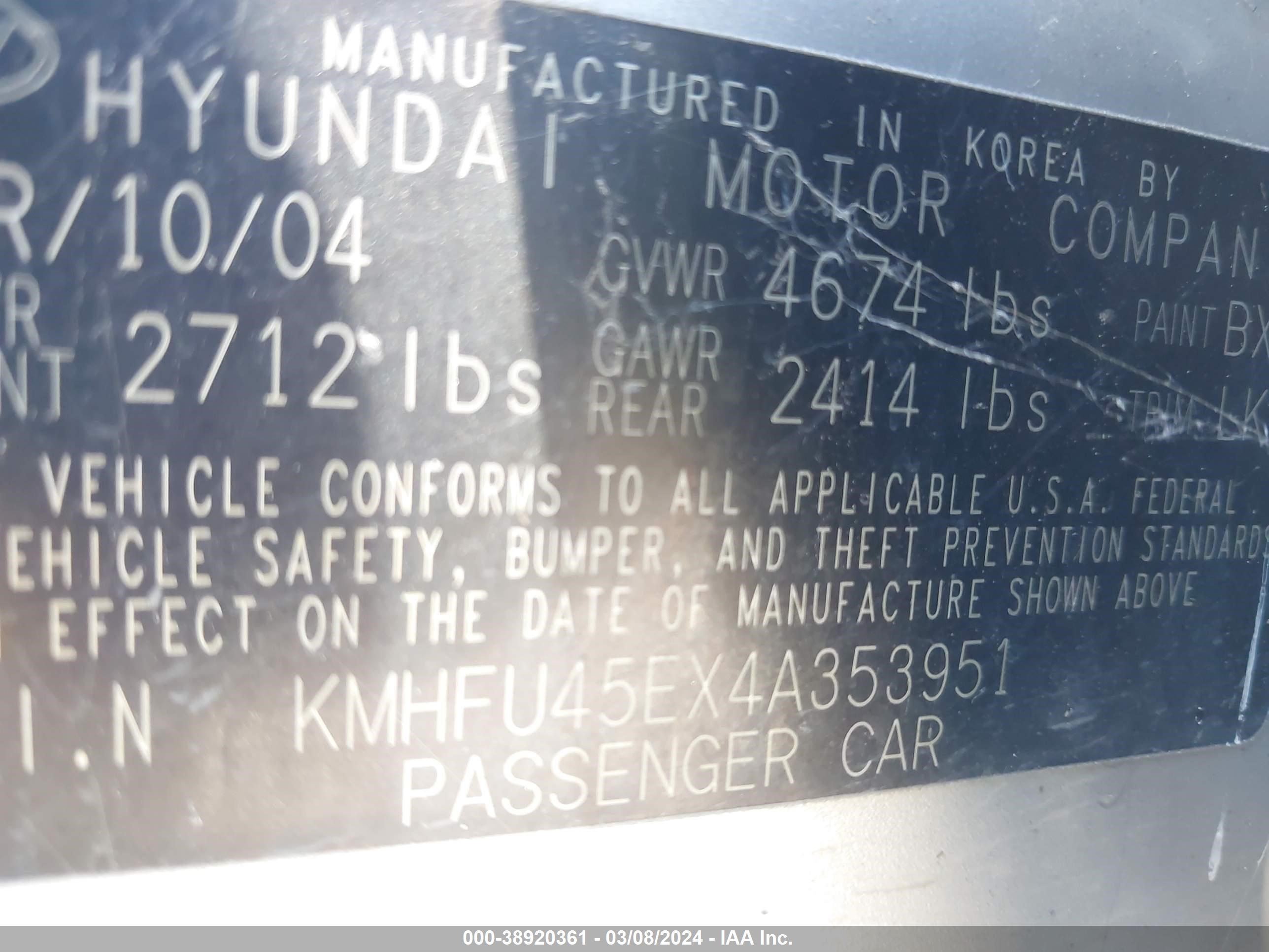 Photo 8 VIN: KMHFU45EX4A353951 - HYUNDAI XG 