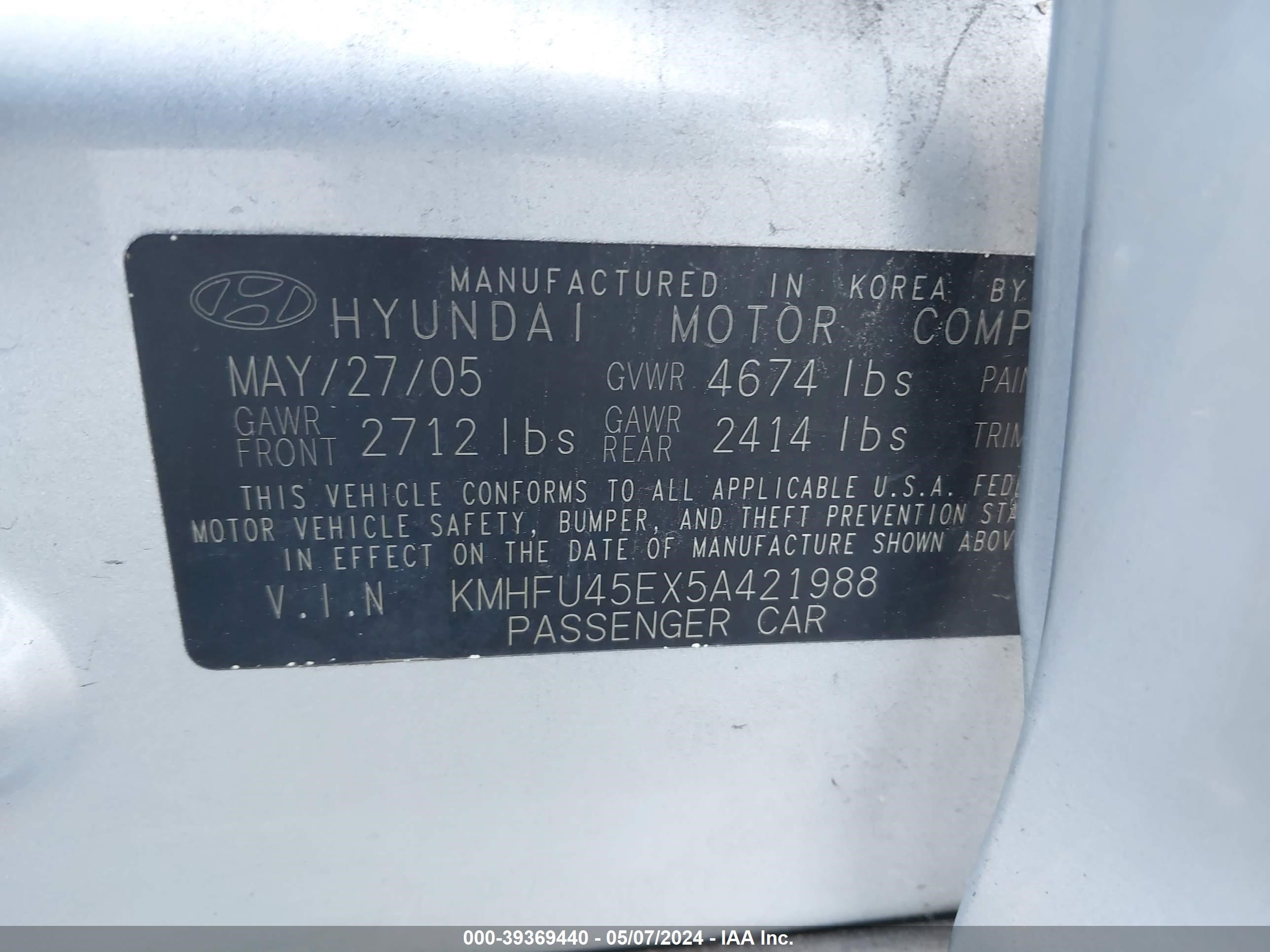 Photo 8 VIN: KMHFU45EX5A421988 - HYUNDAI XG 